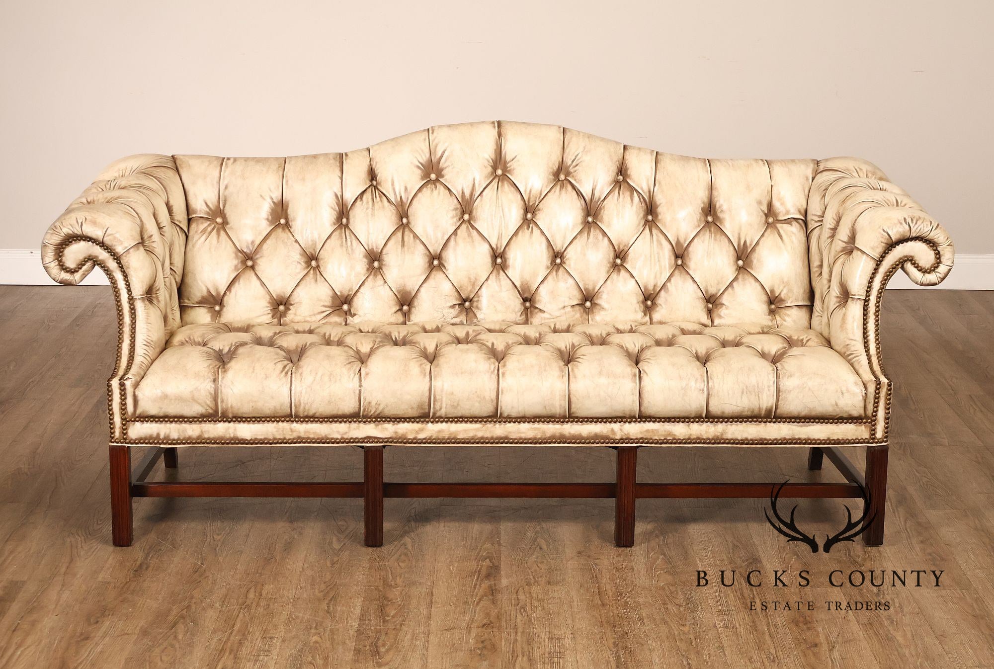 Chippendale Style Camelback Vintage Tufted Chesterfield Leather Sofa