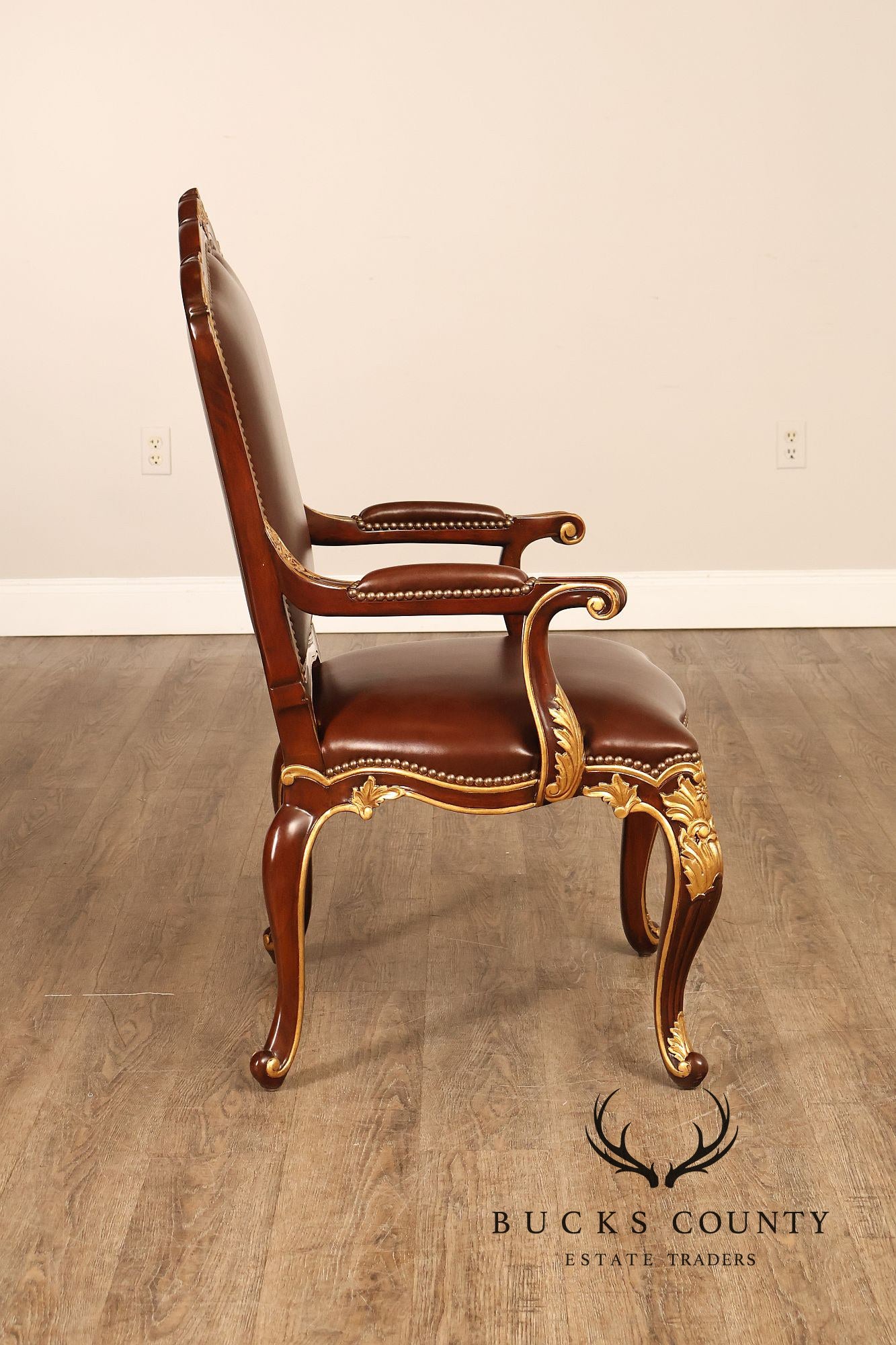 Scarborough House Pair Of French Rococo Style Gilt Mahogany Leather Upholstered Armchairs