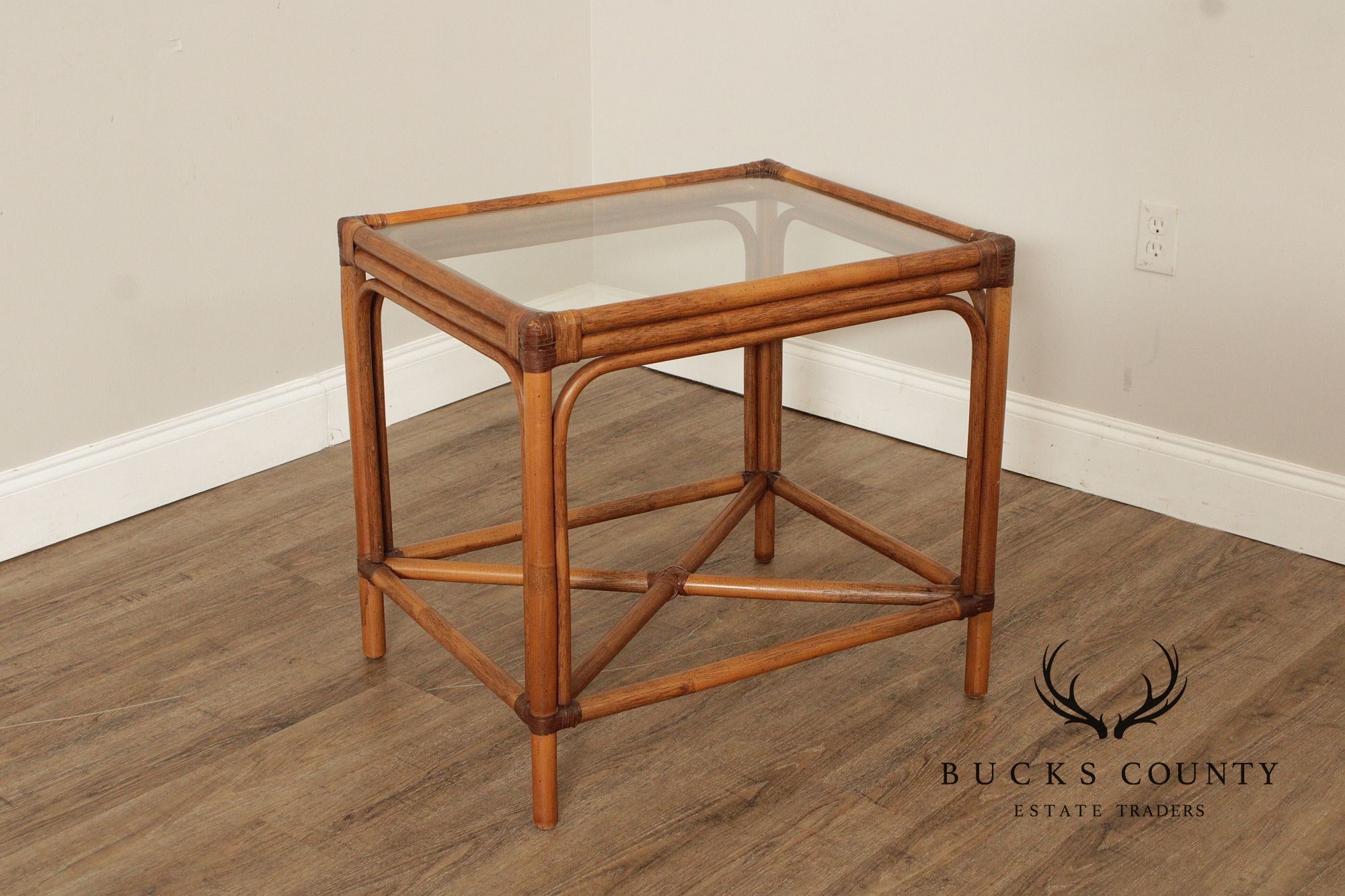 Hollywood Regency Pair of Glass Top Rattan Side Tables