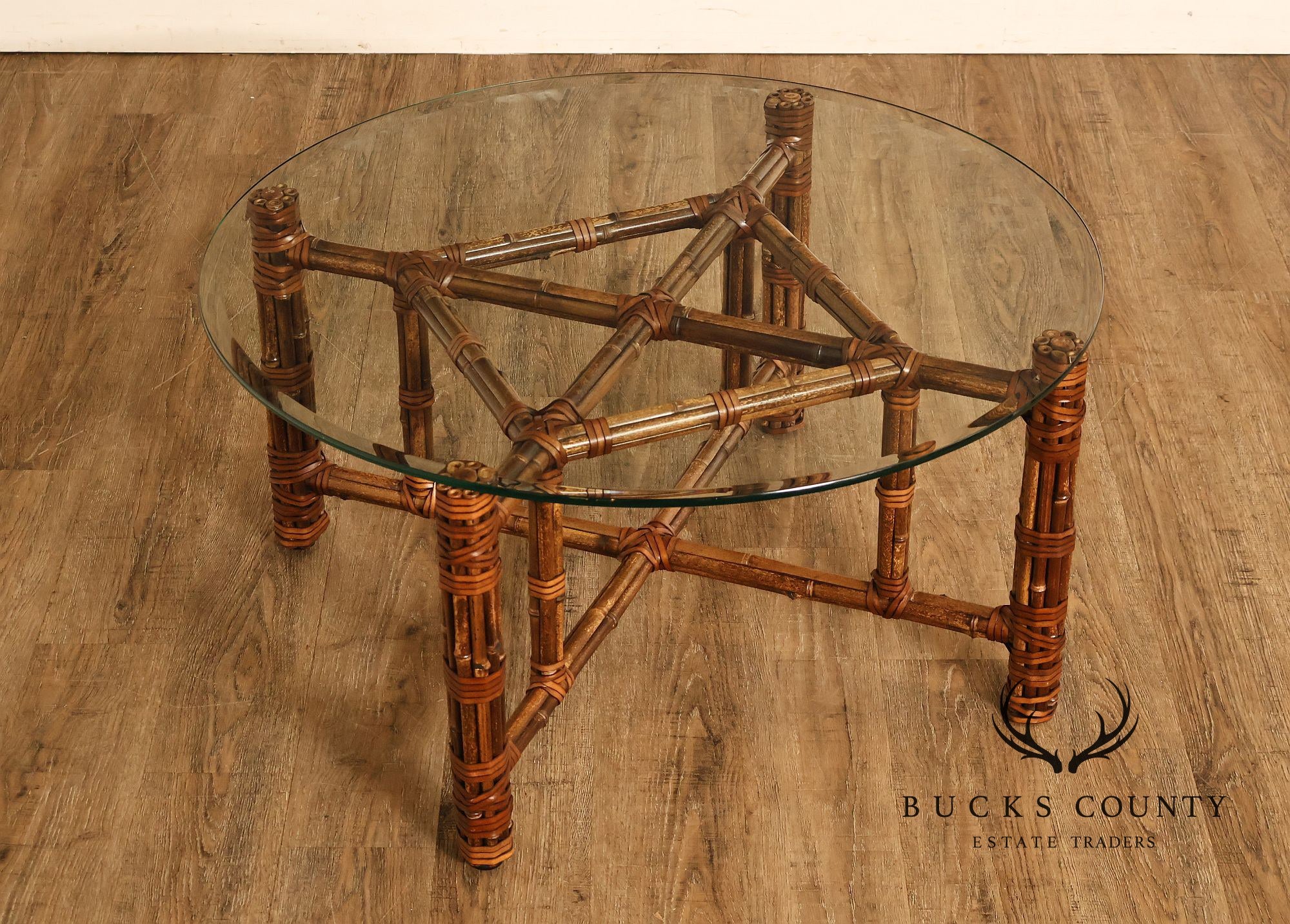 McGuire Bamboo And Rattan Round Glass Top Coffee Table