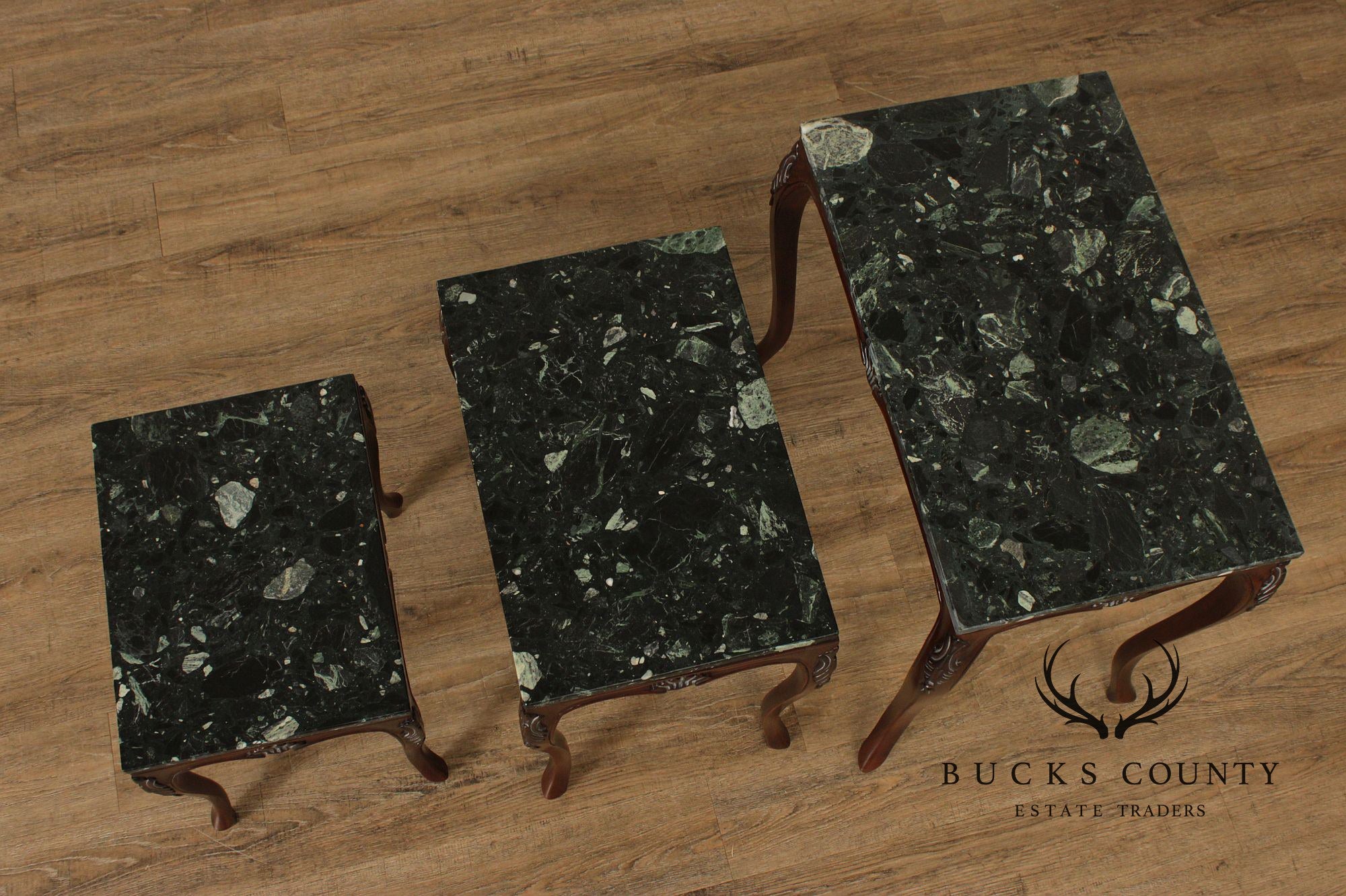 Rococo Style Set of Three Marble Top Mahogany Nesting Tables