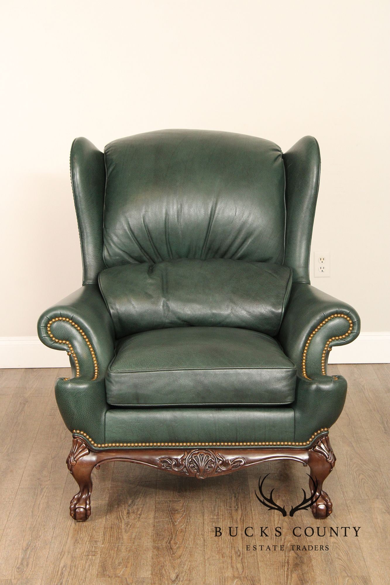 Hancock & Moore Chippendale Style Pair Of Green Leather Bustle Back Wing Chairs