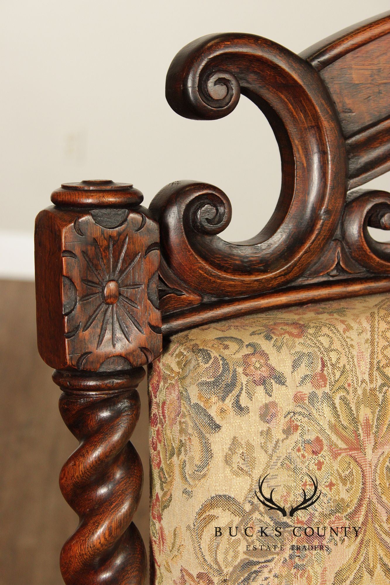 Antique Gothic Revival Barley Twist Carved Oak Throne Chair