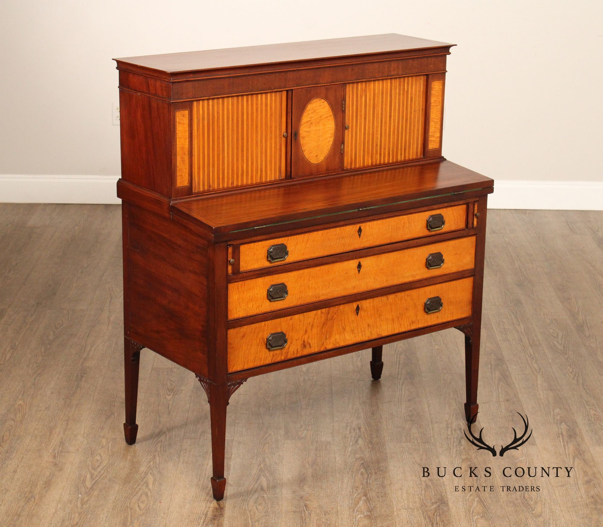 Federal Style Inlaid Mahogany And Tiger Maple Tambour Door Writing Desk