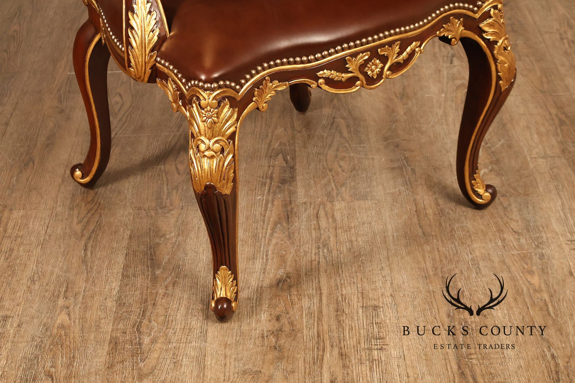 Scarborough House Pair Of French Rococo Style Gilt Mahogany Leather Upholstered Armchairs