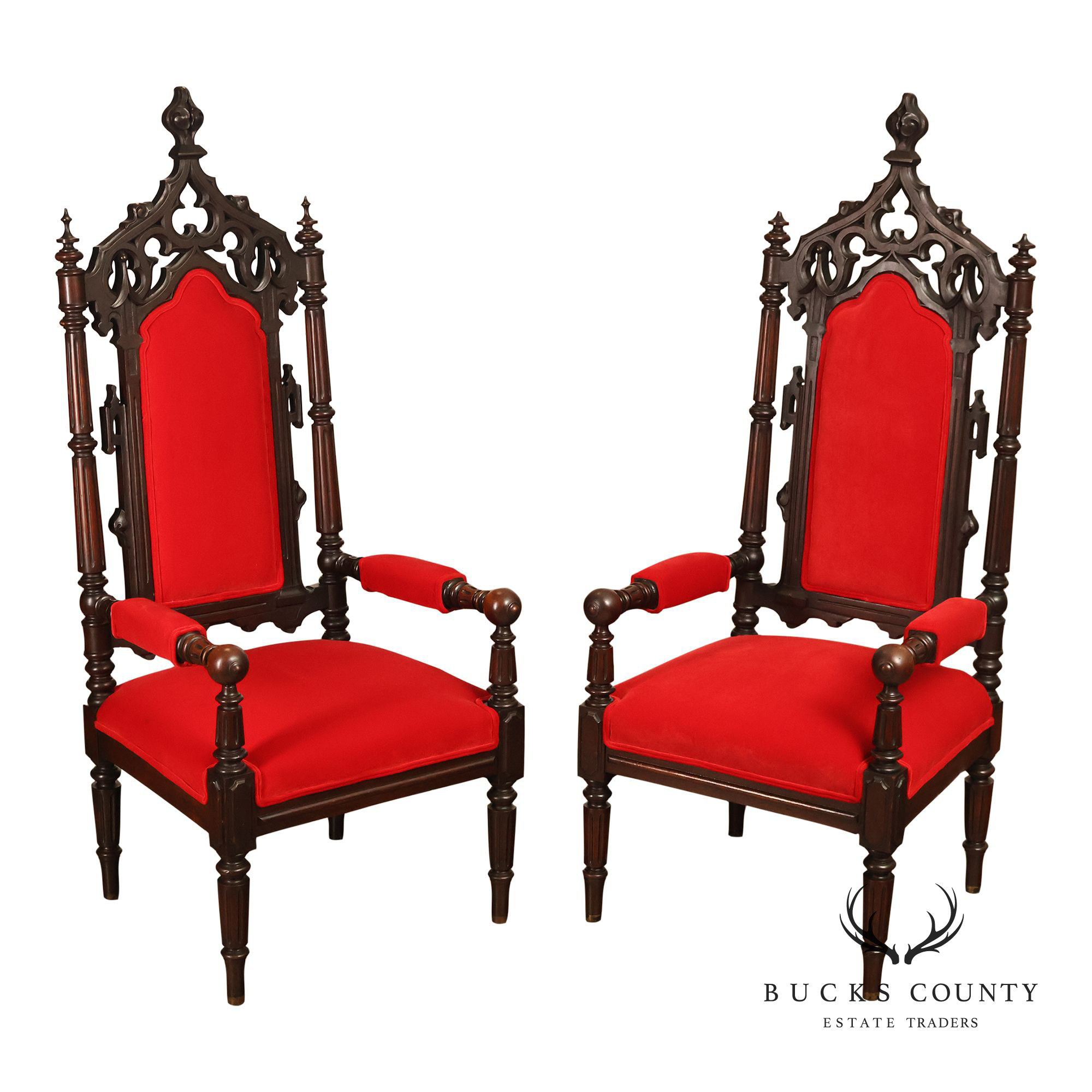 Gothic Revival Walnut Carved Wood Throne Pair Of Armchairs