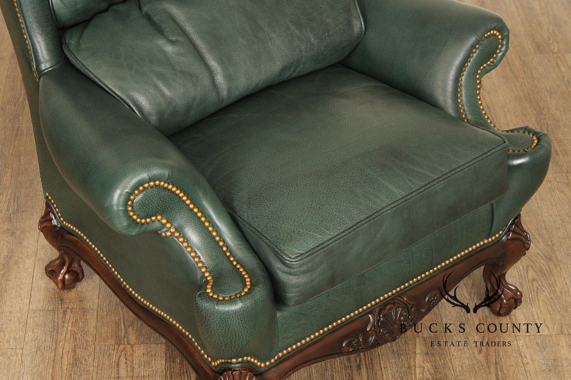 Hancock & Moore Chippendale Style Pair Of Green Leather Bustle Back Wing Chairs