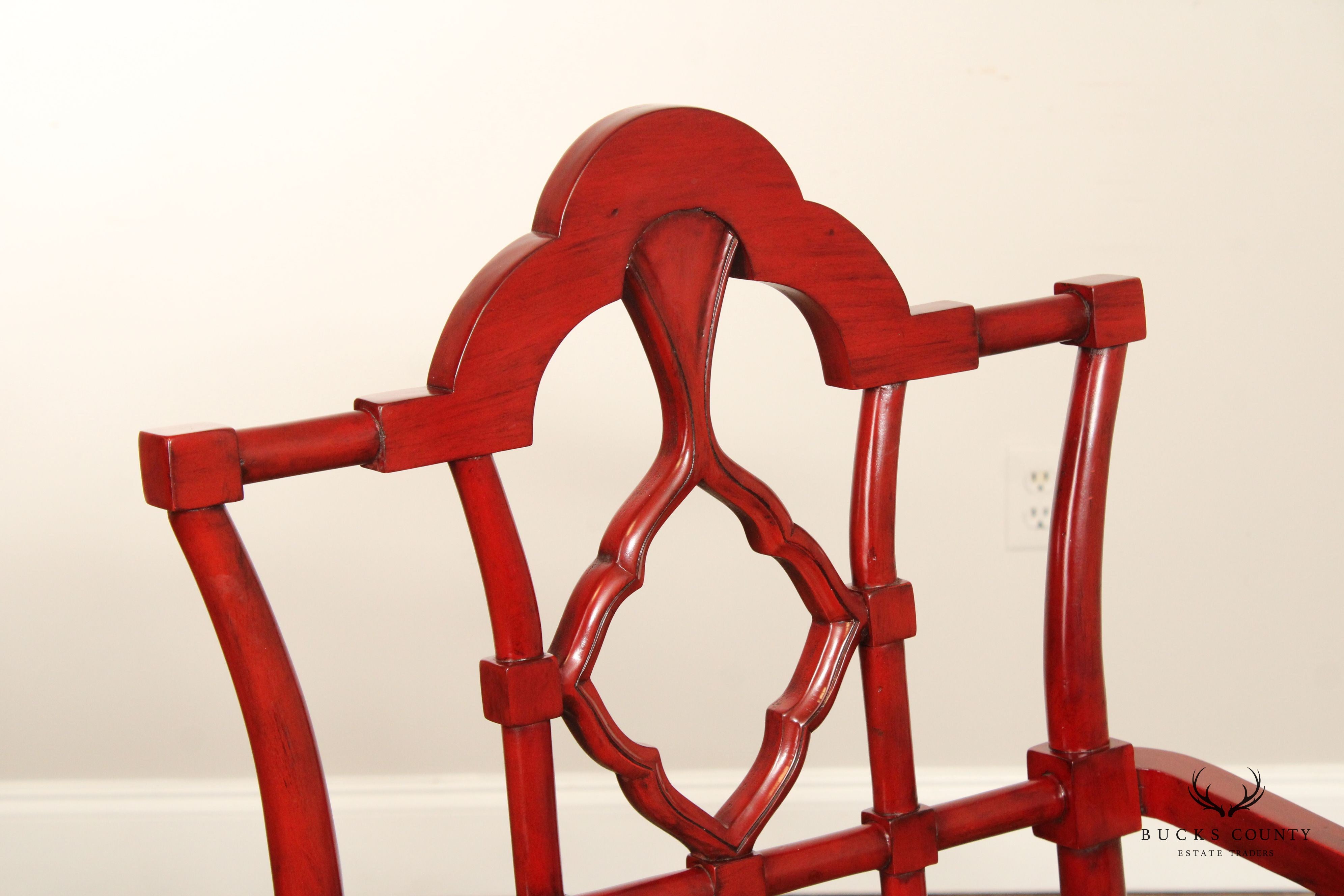 Chinese Chippendale Style Pair of Red Lacquered Dining Armchairs