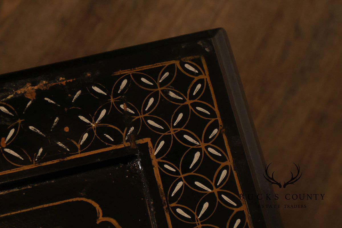 Asian Inspired Black Lacquer Coffee Table With Figural Inlay