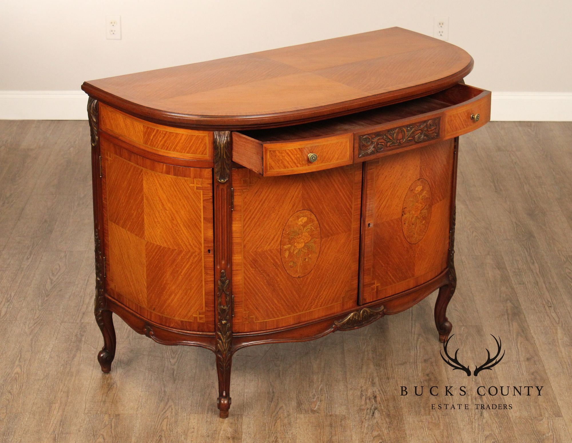 1930's French Louis XV Style Inlaid Satinwood Demilune Commode