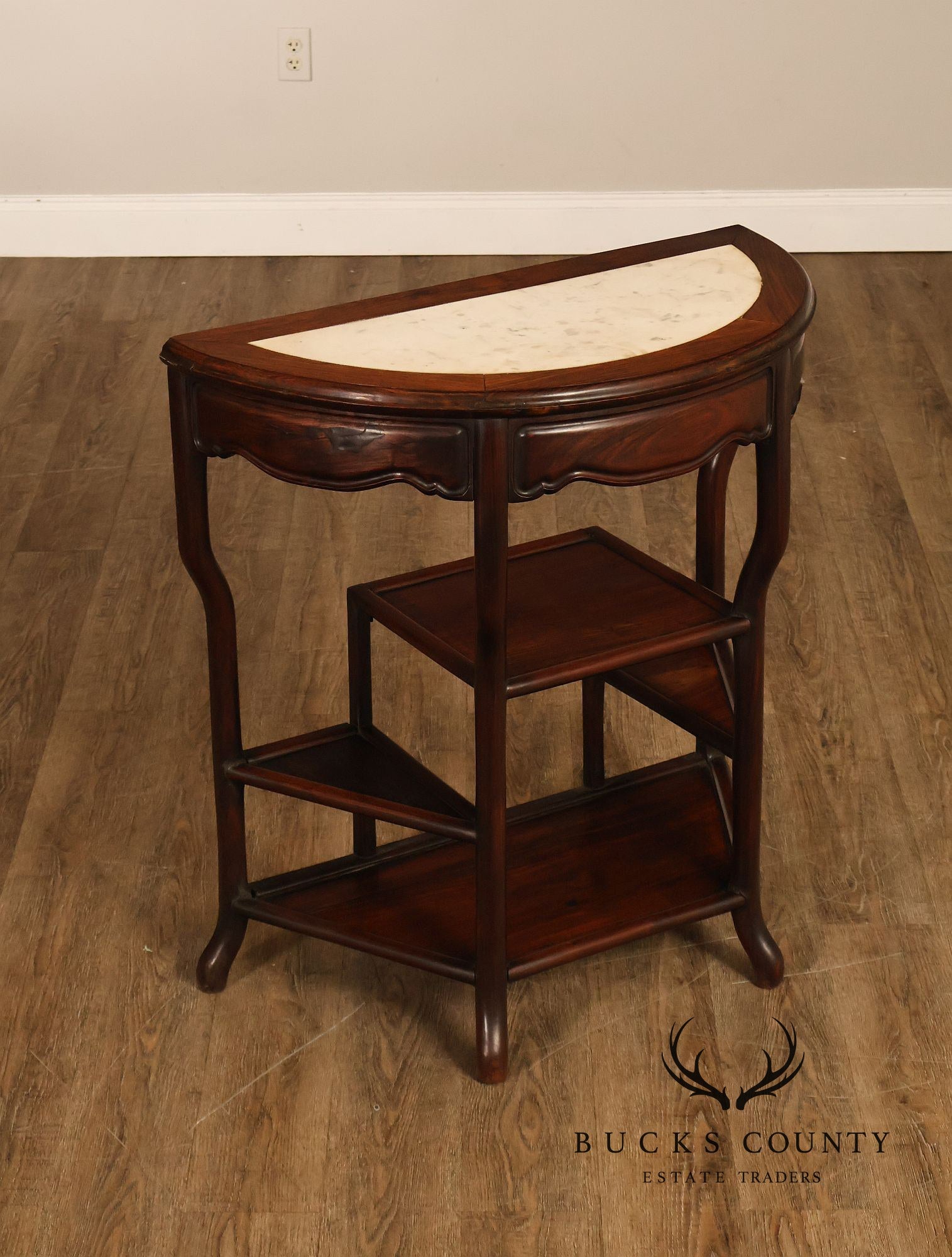 Asian Style Demilune Marble Top Side Table With Tiered Shelves