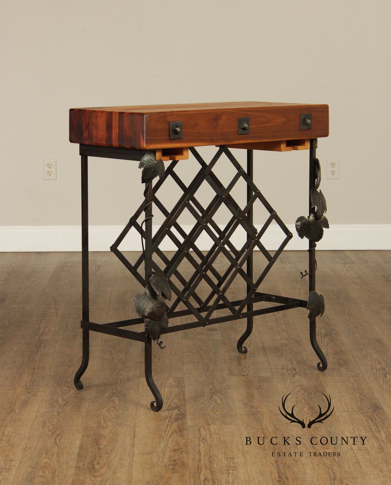 F.B. Farm Shenandoah Valley Butcher Block Iron Base Console Table & Wine Rack