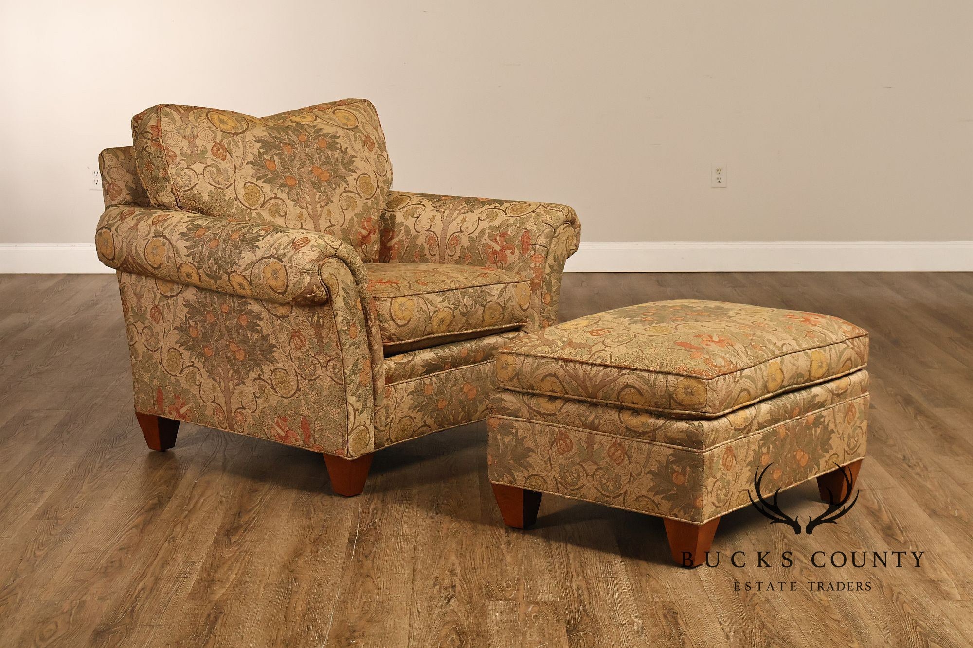 Stickley Tree of Life Upholstered Lounge Chair With Matching Ottoman