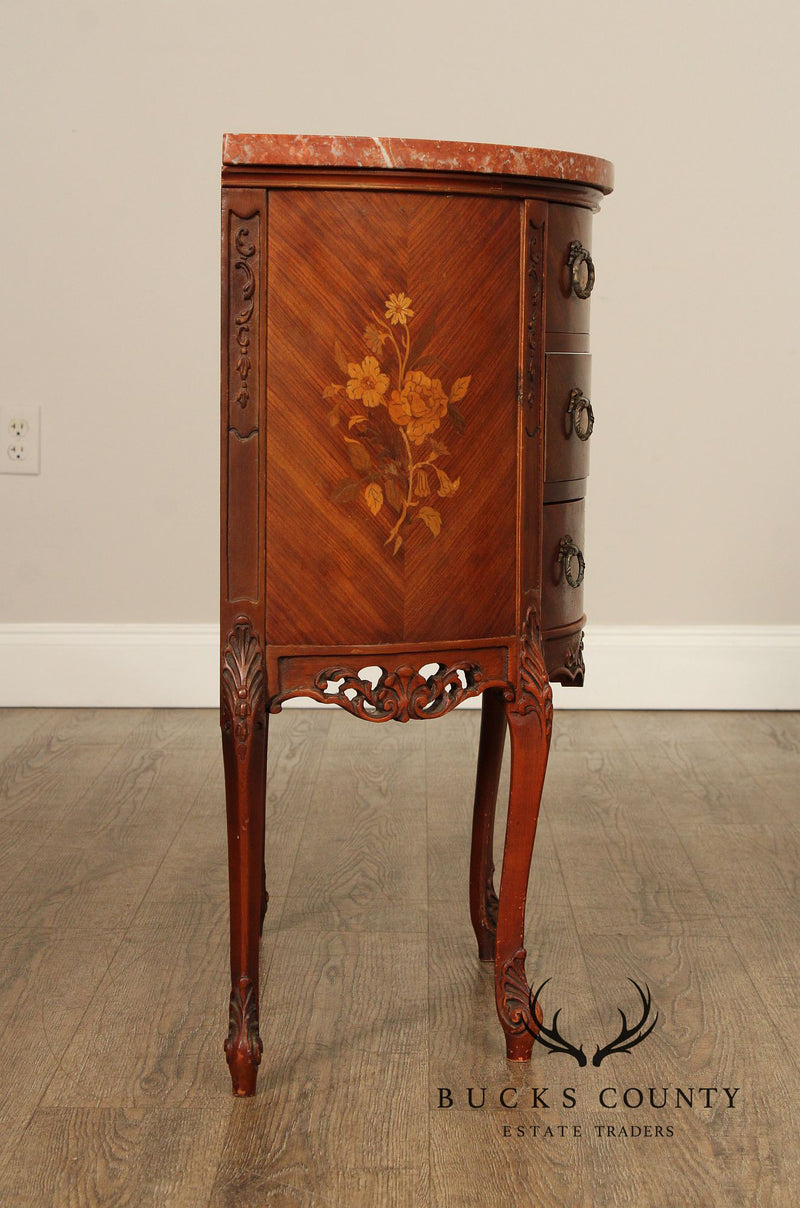 1930's French Louis XV Style Pair Marquetry Inlaid Marble Top Nightstands or Side Chests