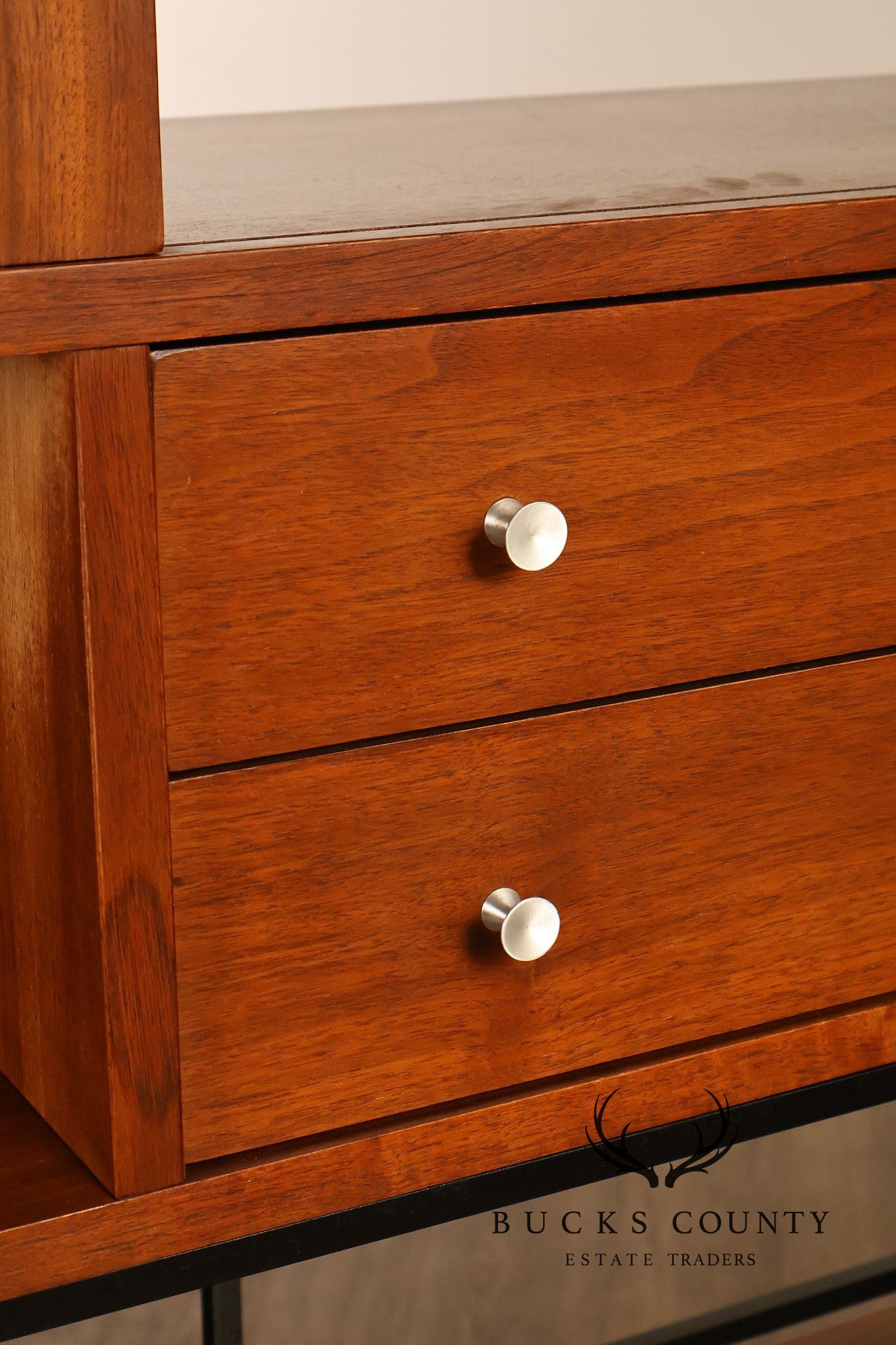 Stanley Mid Century Modern Walnut & Rosewood Inlaid Wall Unit Credenza
