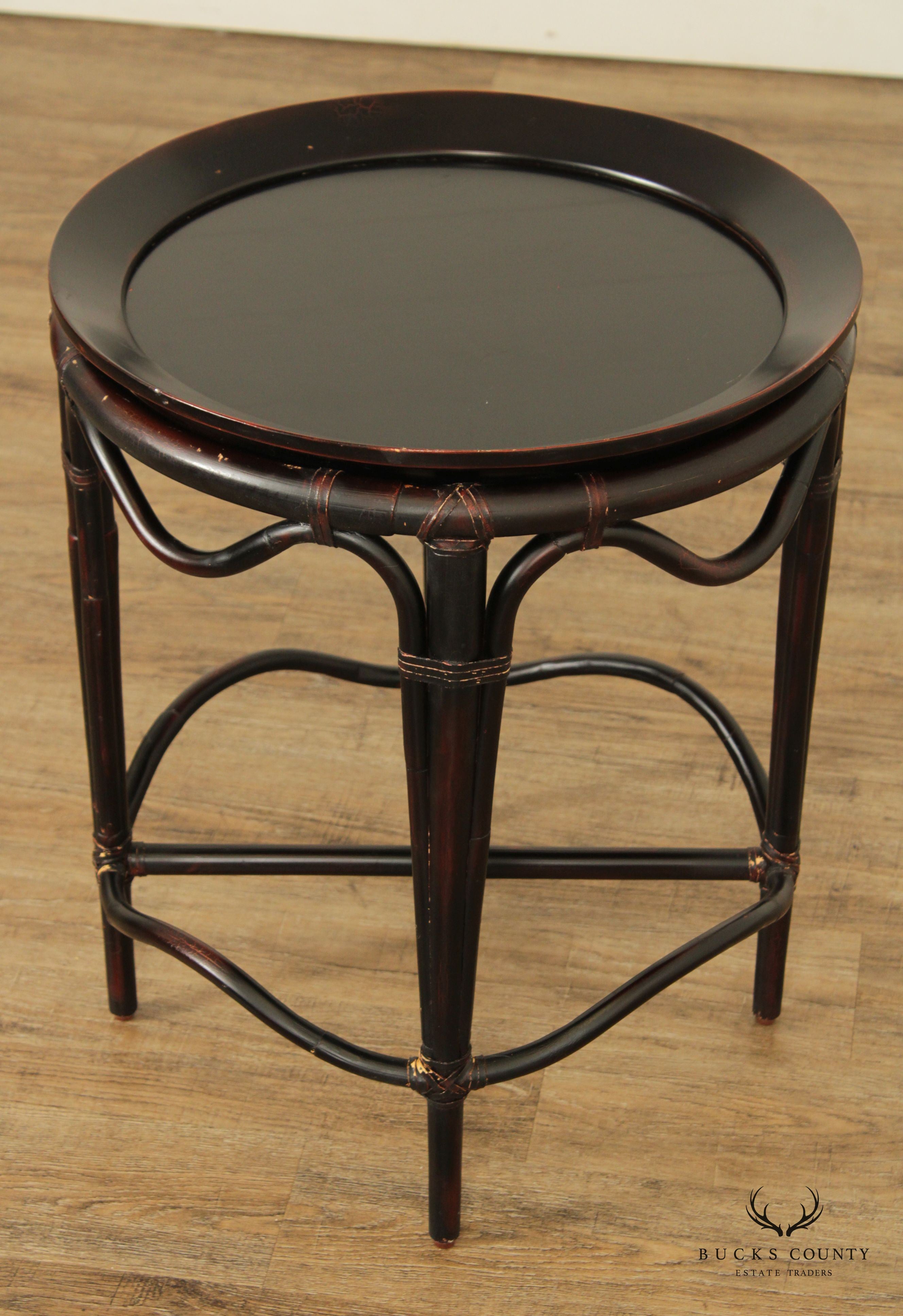 Vintage Chinese Black Lacquered Bamboo Round Tray Table