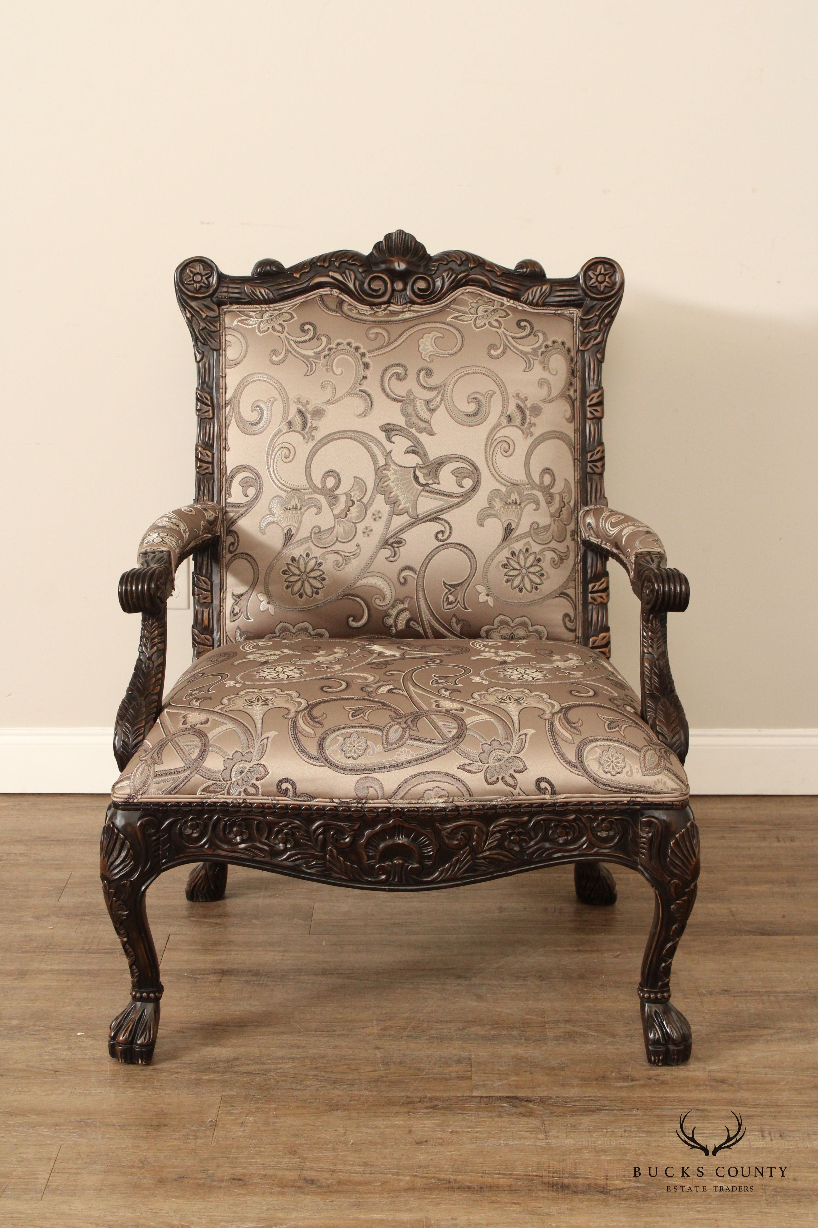 Modern Georgian Style Wide Seat Pair Of Carved Frame Custom Upholstered Armchairs With Ottoman