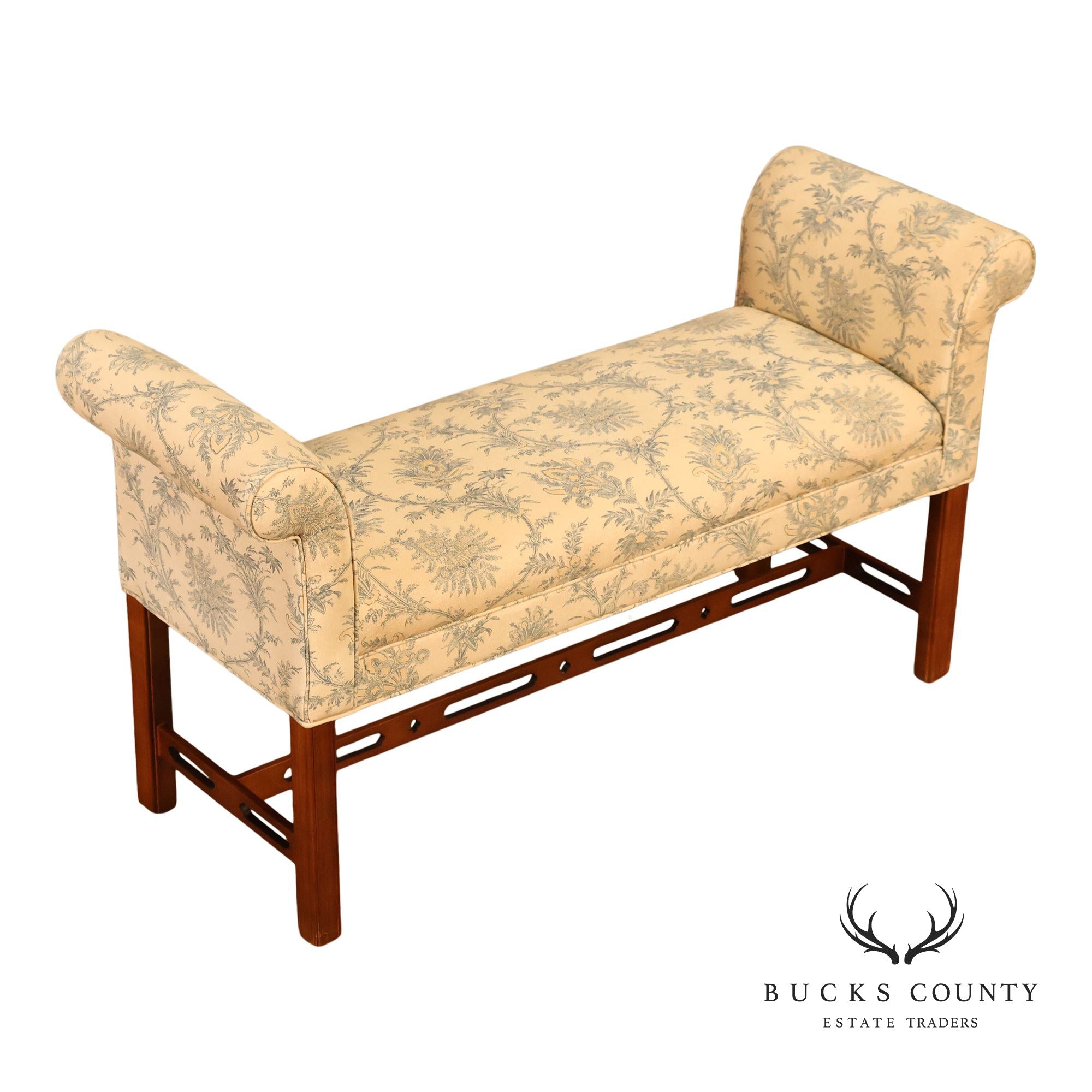 Ethan Allen Traditional Chippendale Style Floral Upholstered Rolled Arm Window Bench