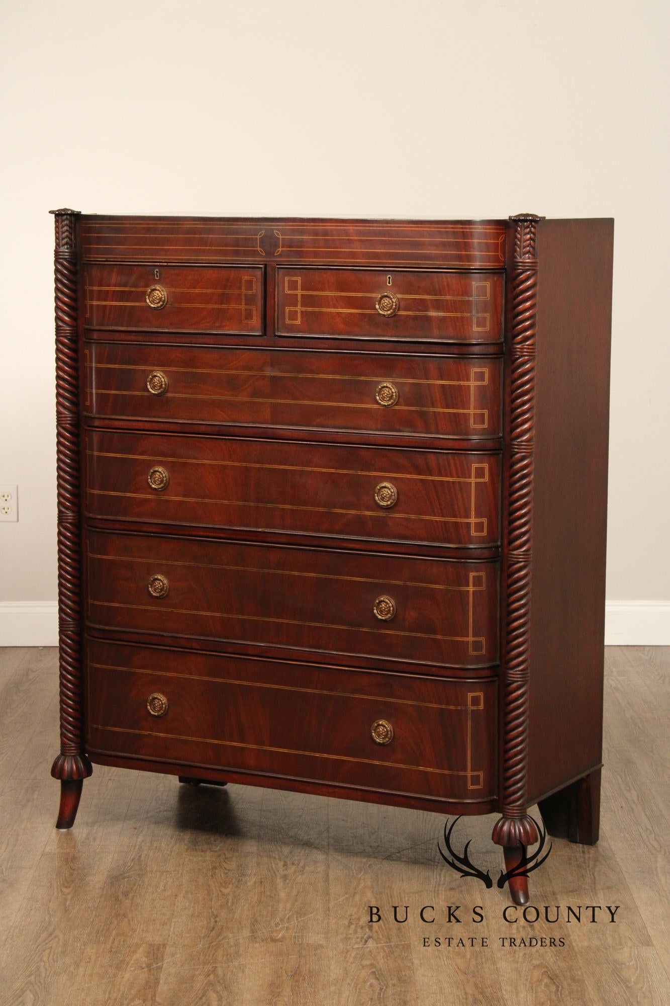 Edwardian Style Custom Mahogany Inlaid High Chest Of Drawers