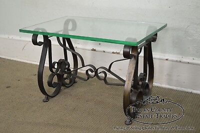 Hollywood Regency Pair Mid-Century Scrolled Iron Lyre Base Glass Top SideTable