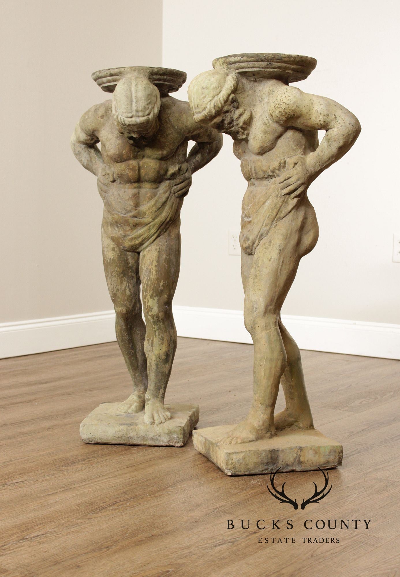 Cast Stone Vintage Pair Of 'Hercules' Figural Garden Statue Pedestals