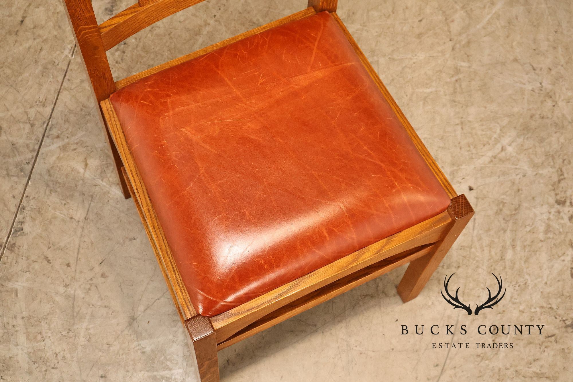 Stickley Harvey Ellis Set of Four Inlaid Oak and Leather Dining Chairs