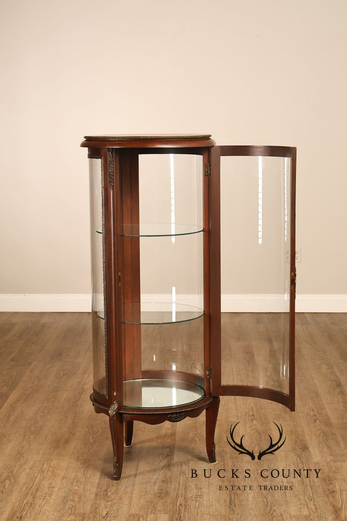 French Louis XV Style Mahogany Curved Glass Display Curio Cabinet