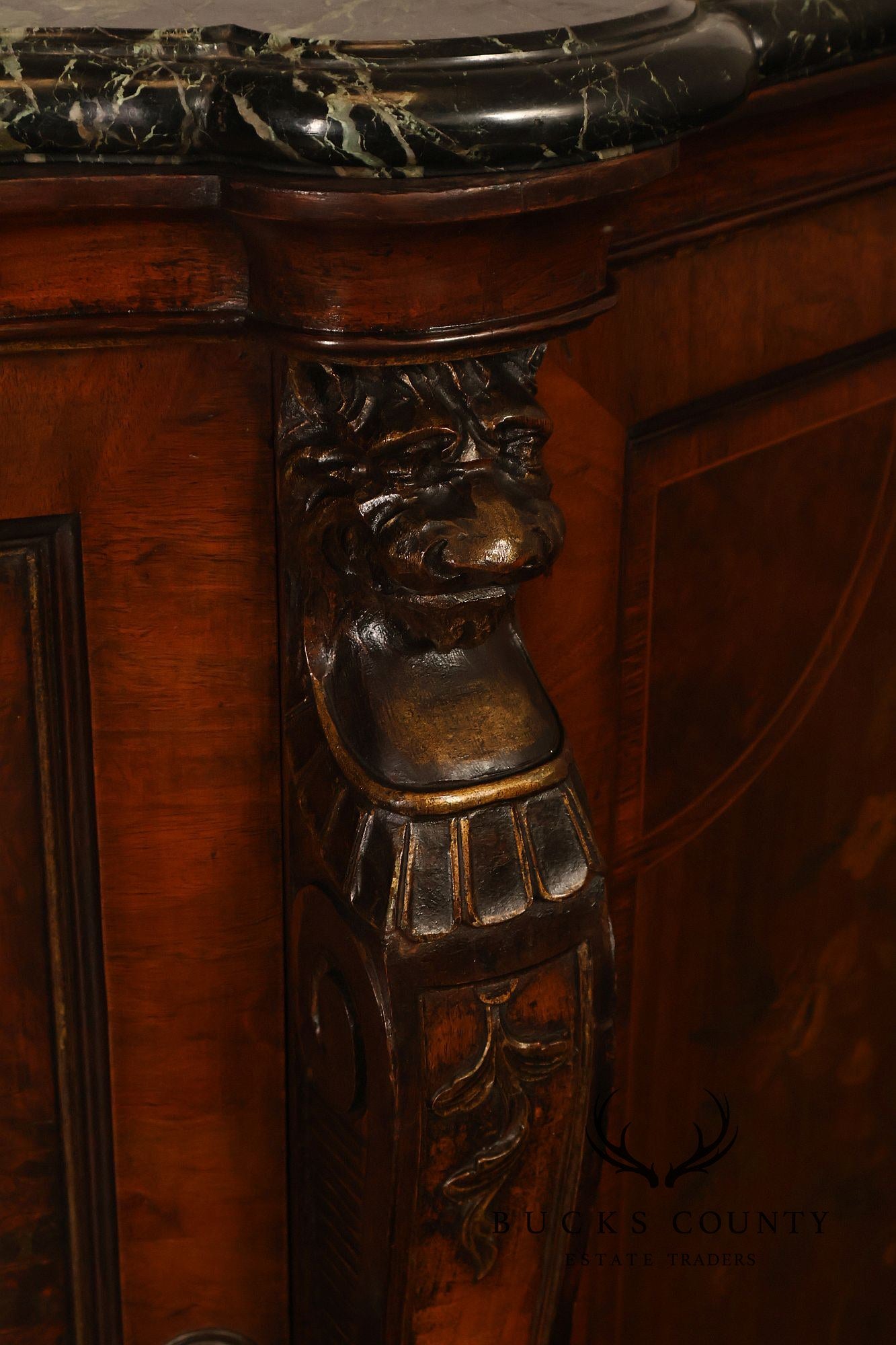 Antique Marble Top Mahogany Inlaid Figural Carved Buffet Sideboard