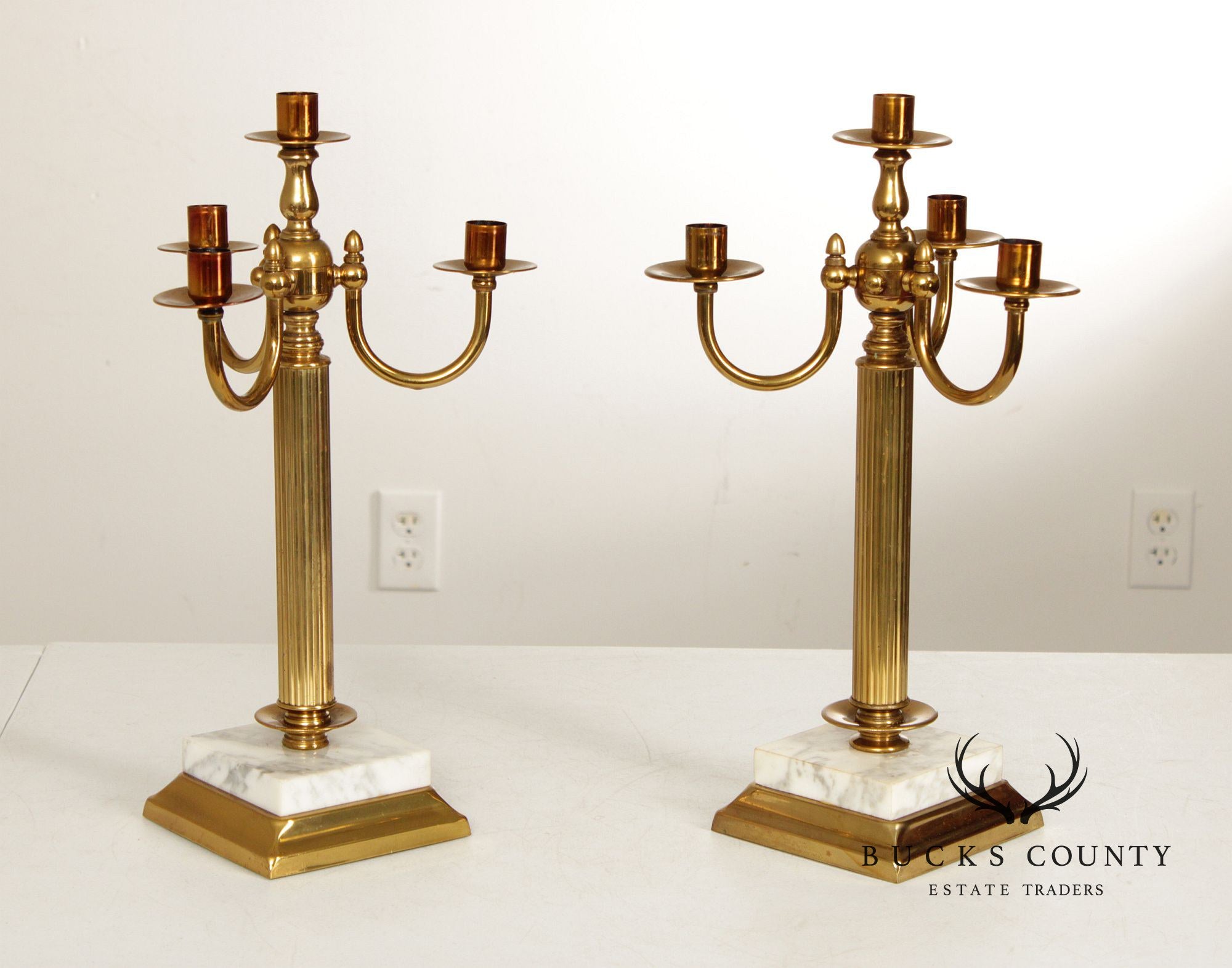 Classical Style Vintage Pair of Brass and Marble Candelabra