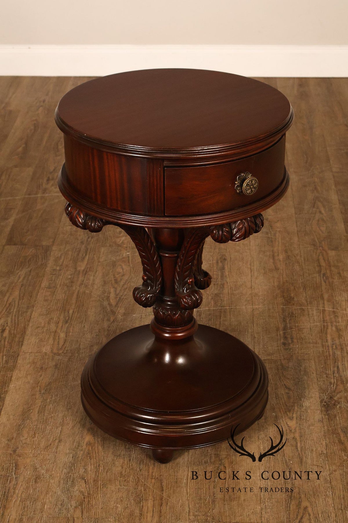 Carved Mahogany Pair Of Round Pedestal End Tables With A Drawer