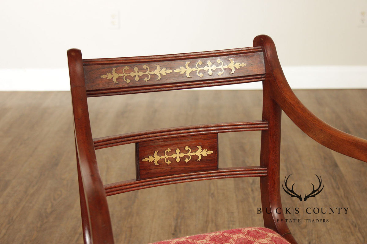 Antique English Regency Style Pair of Rosewood Brass Inlaid  Armchairs
