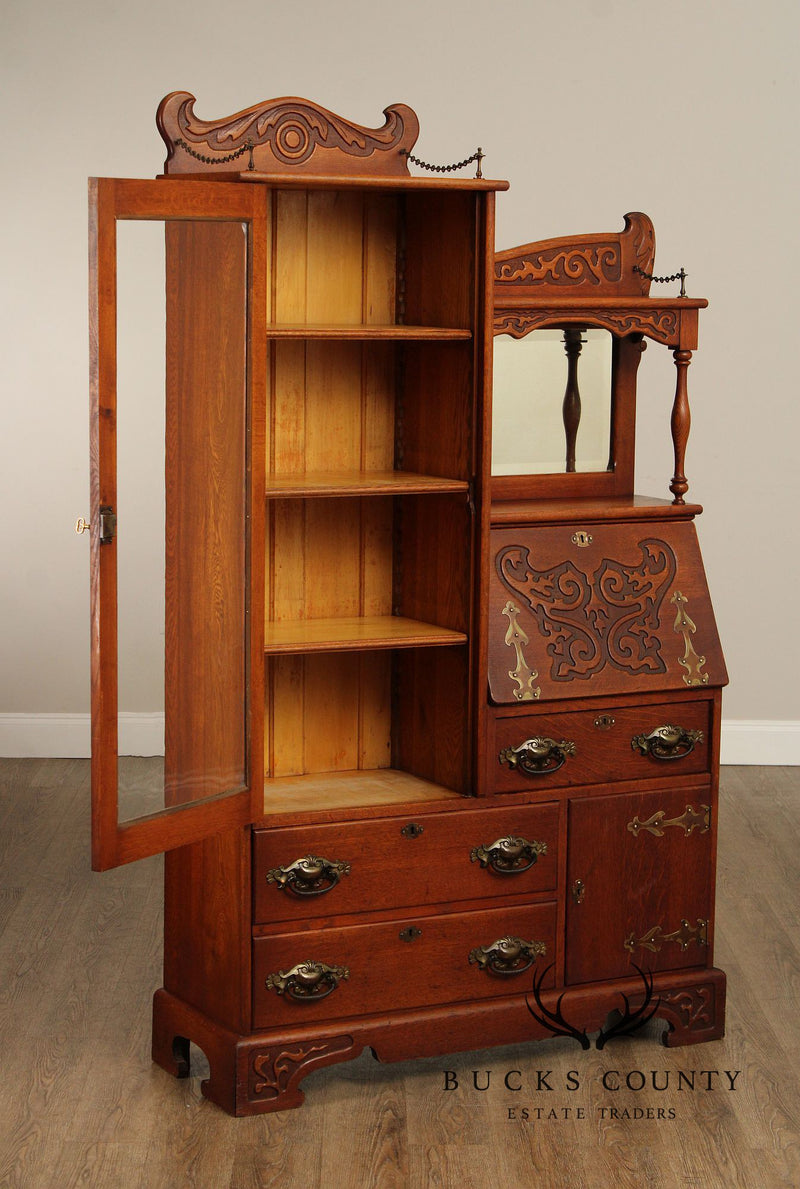 Antique Victorian Carved Oak Side-by-Side Secretary Desk Bookcase