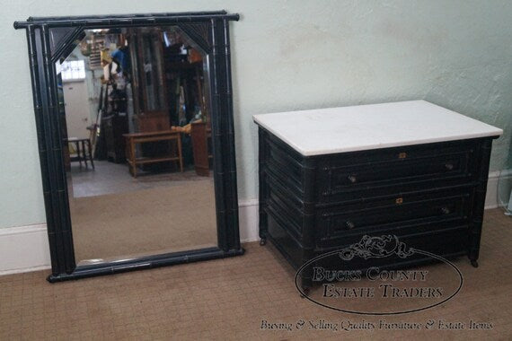 Antique 19th Century Ebonized Faux Bamboo Marble Top Dresser w/ Mirror