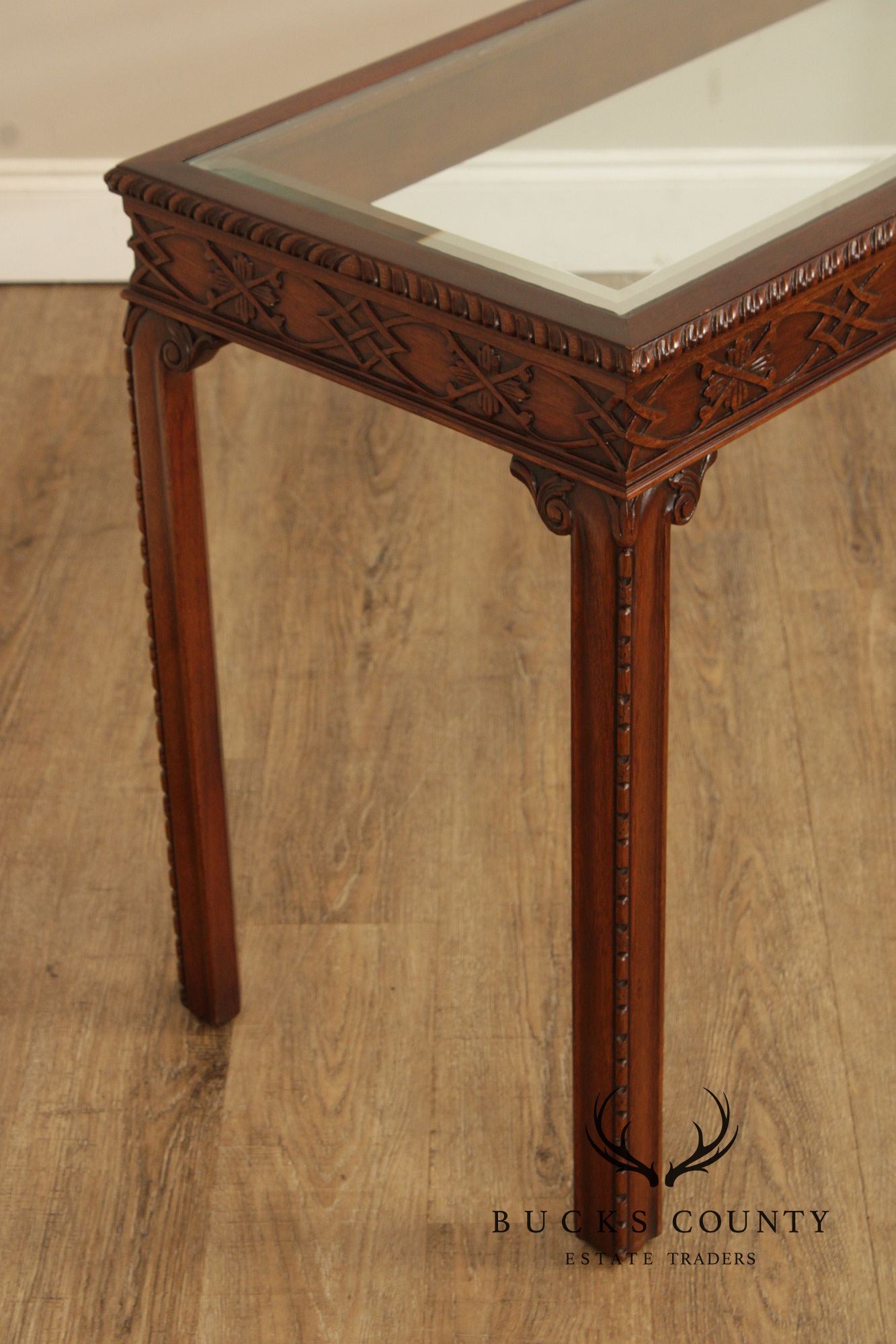 Chinese Chippendale Style Glass Top Mahogany Console Table