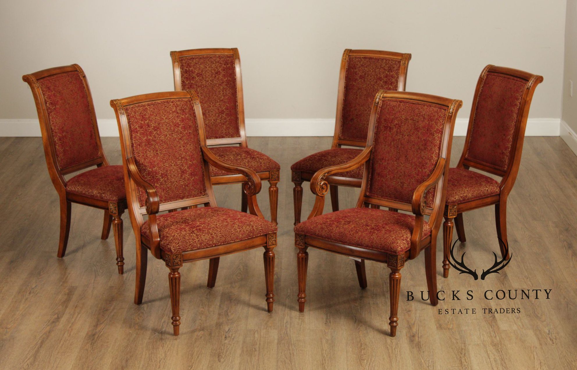 Ethan Allen 'Townhouse' Set of Six Carved Frame Upholstered Dining Chairs