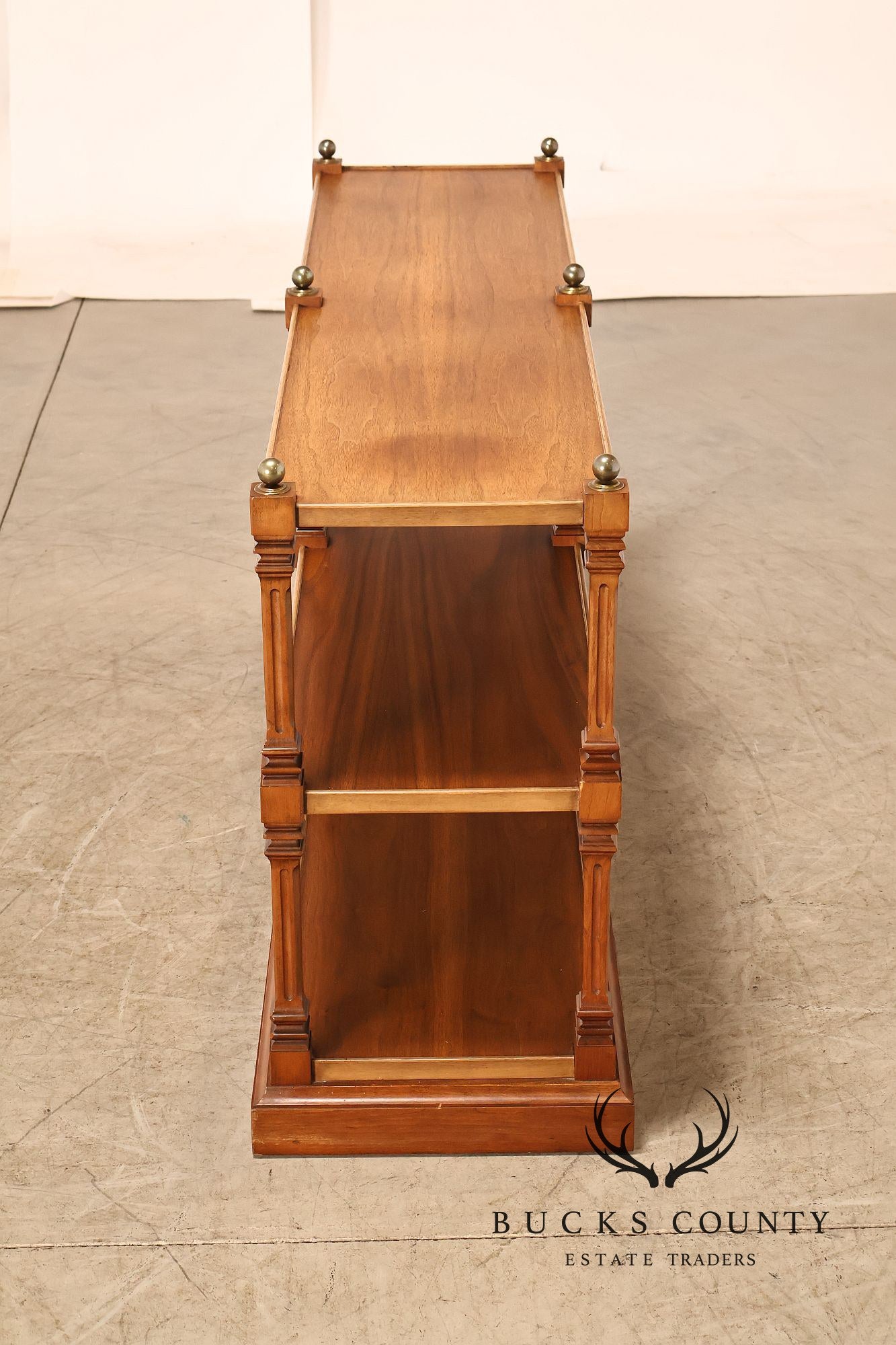 Brandt Furniture Regency Style Walnut Three-Tier Open Etagere Bookcase With Brass Ball Finials