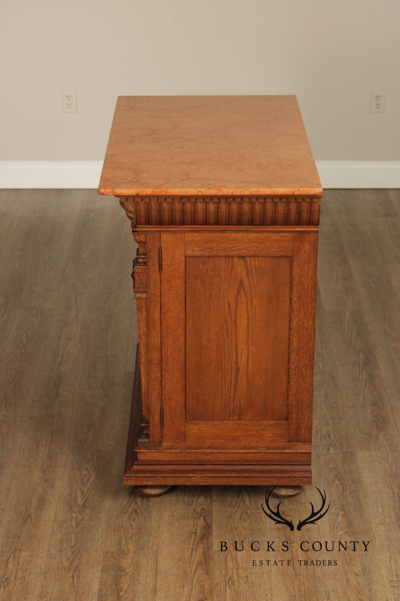 Antique German Renaissance Revival Carved Oak Marble Top Cabinet
