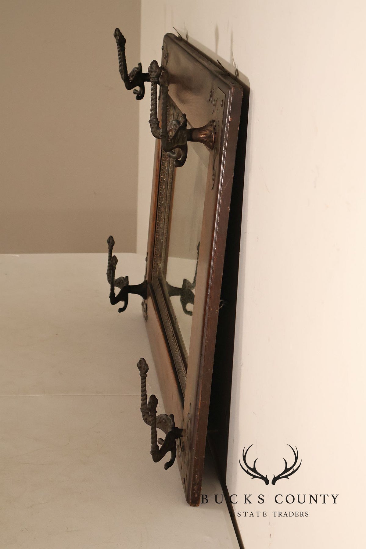 Antique Victorian Oak Wall Mirror With Cast Iron Coat Hooks
