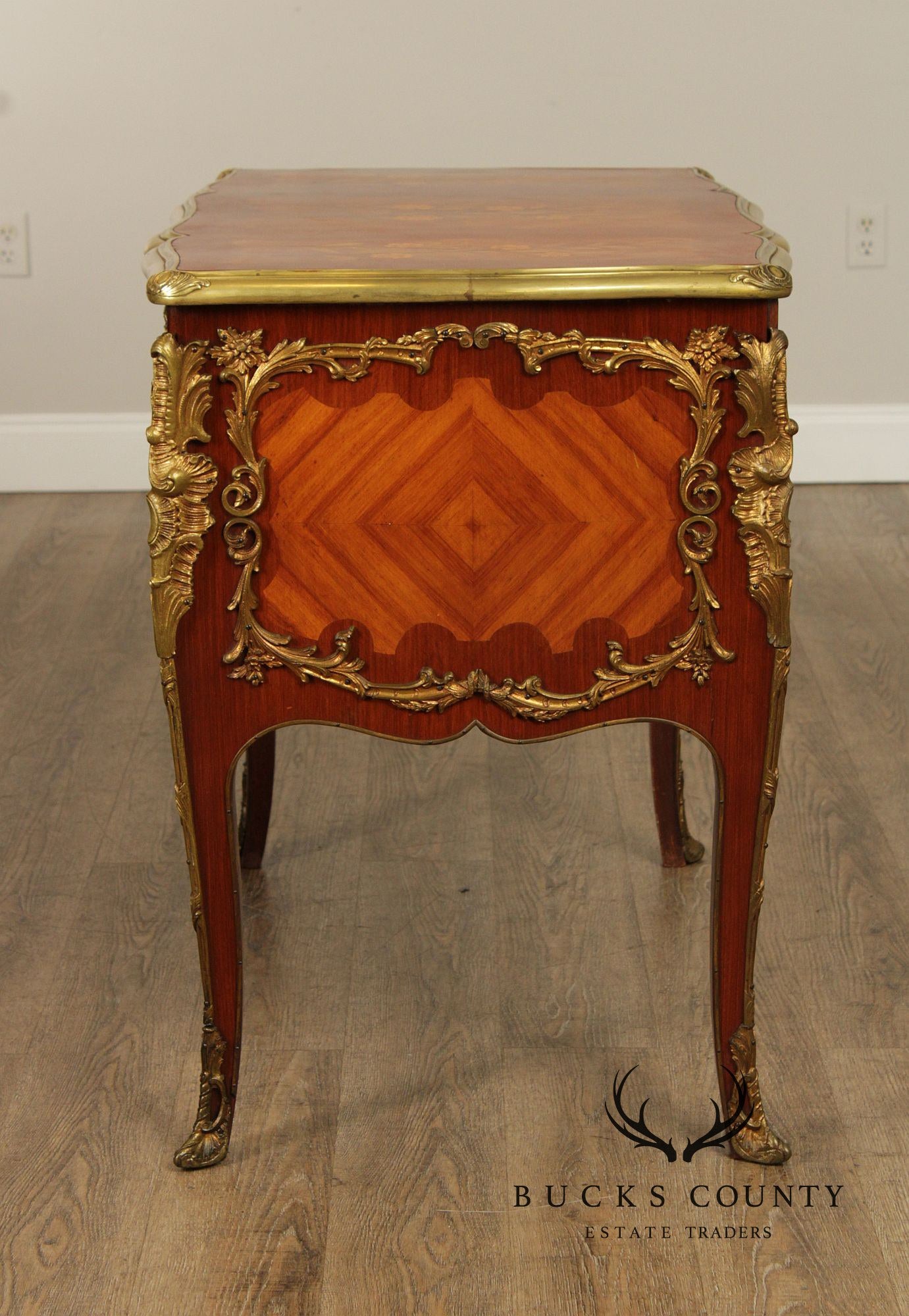 French Louis XV Style Marquetry Inlaid Bronze Mounted Knee Hole Desk