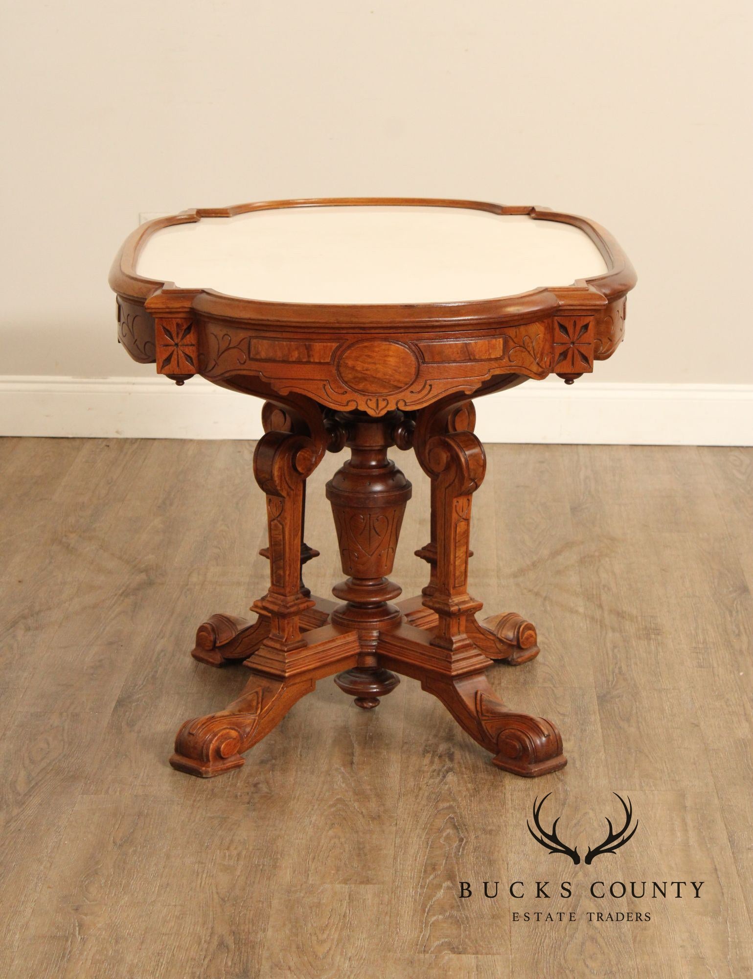 Antique Victorian Carved Walnut Marble Top Parlor Table