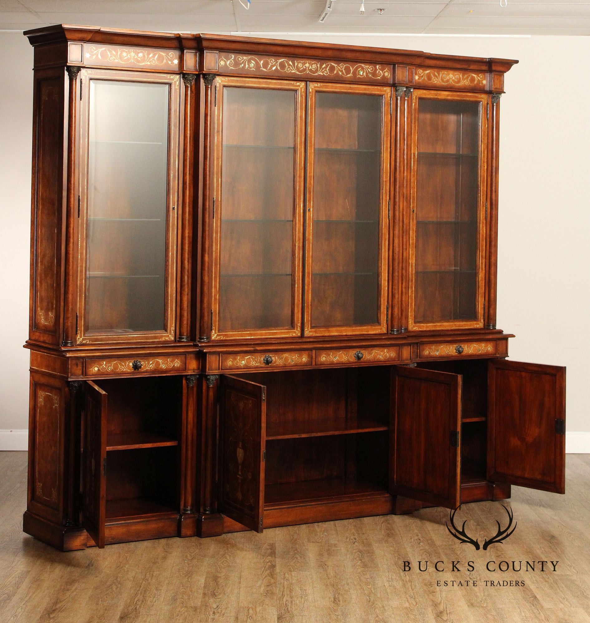 Theodore Alexander Monumental Inlaid Mahogany Breakfront Bookcase