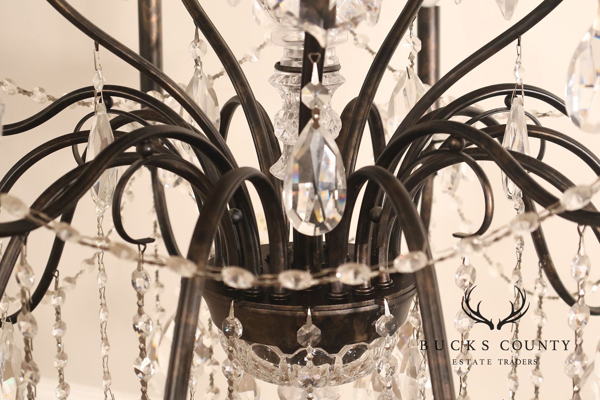 Large Twenty-Light Crystal And Wrought Iron 55" Chandelier