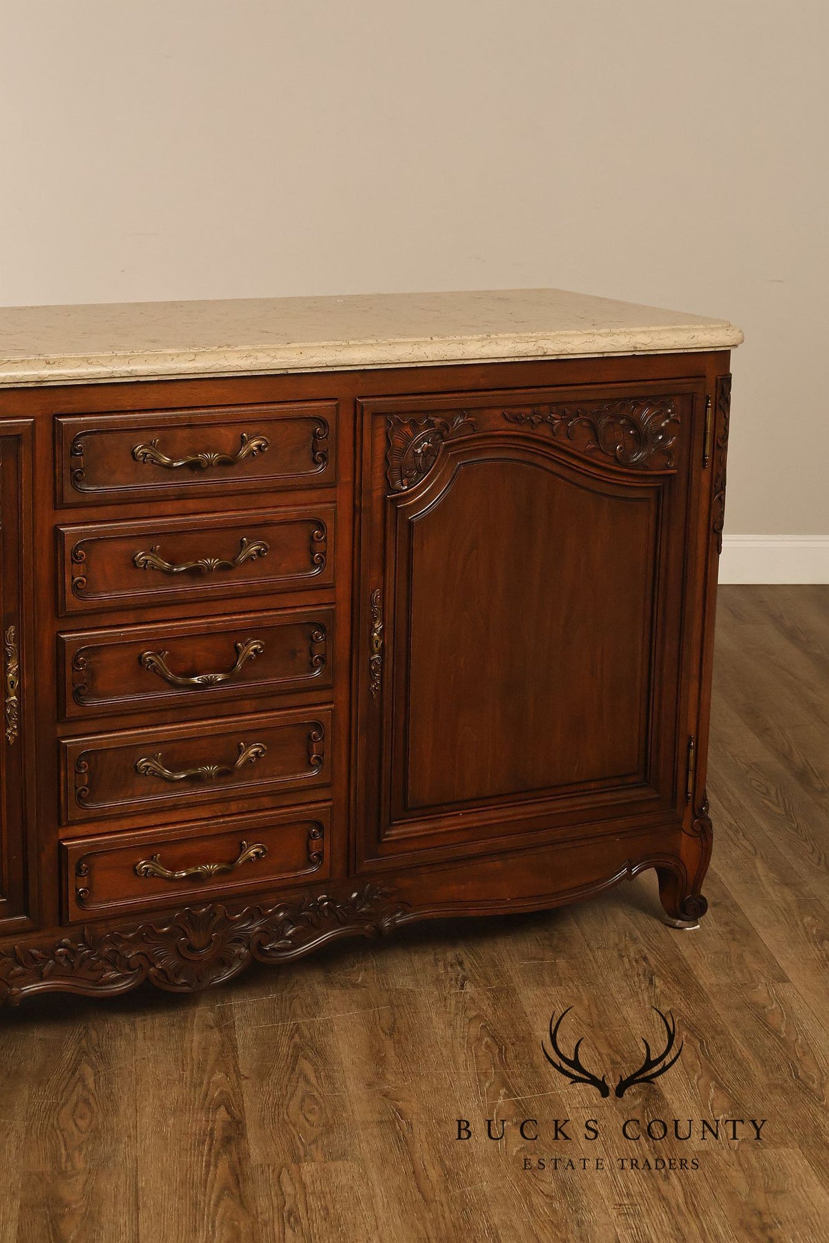French Louis XV Style Carved Walnut Marble Top Sideboard