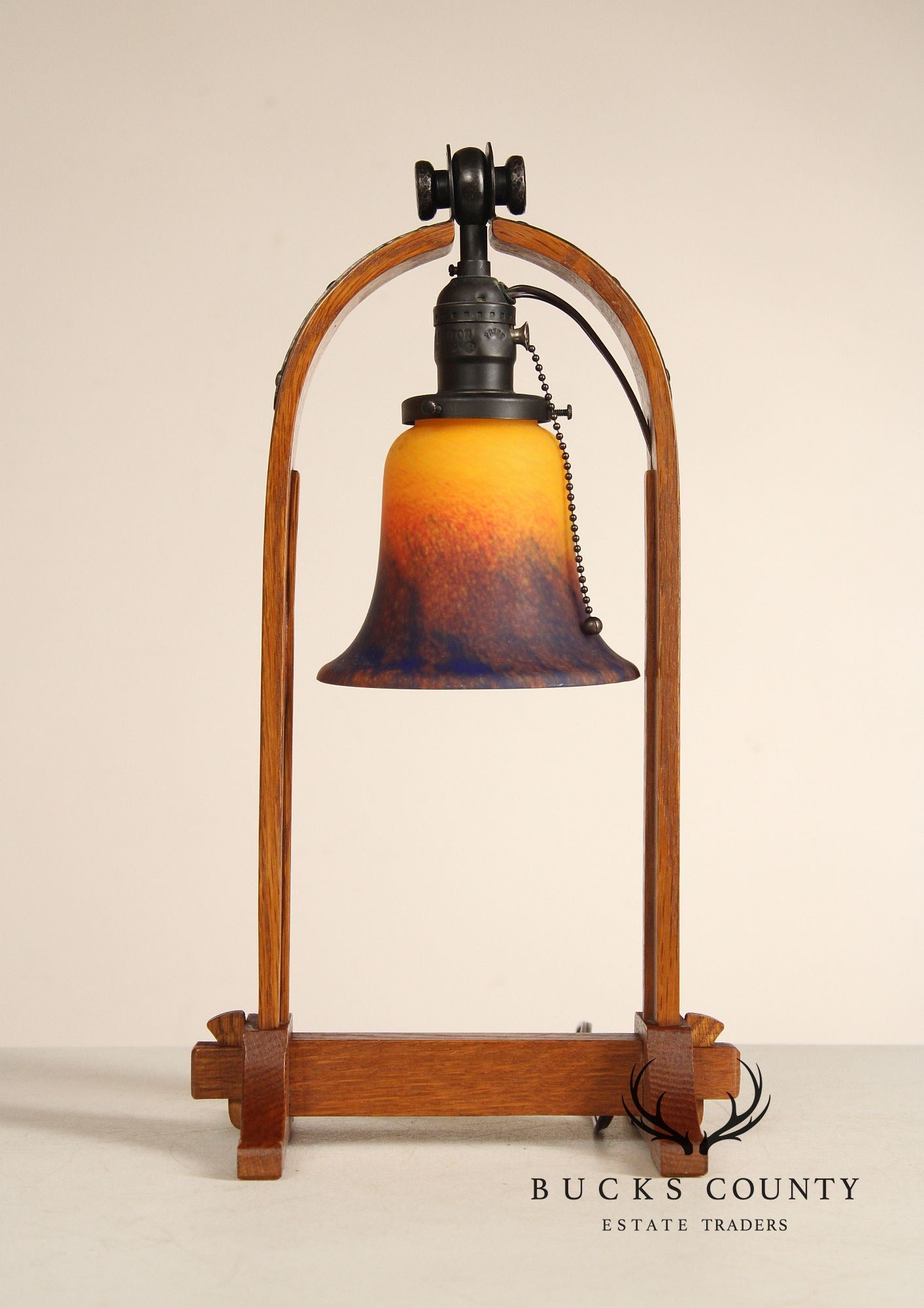 Stickley Mission Collection Oak Table Lamp With Art Glass Shade