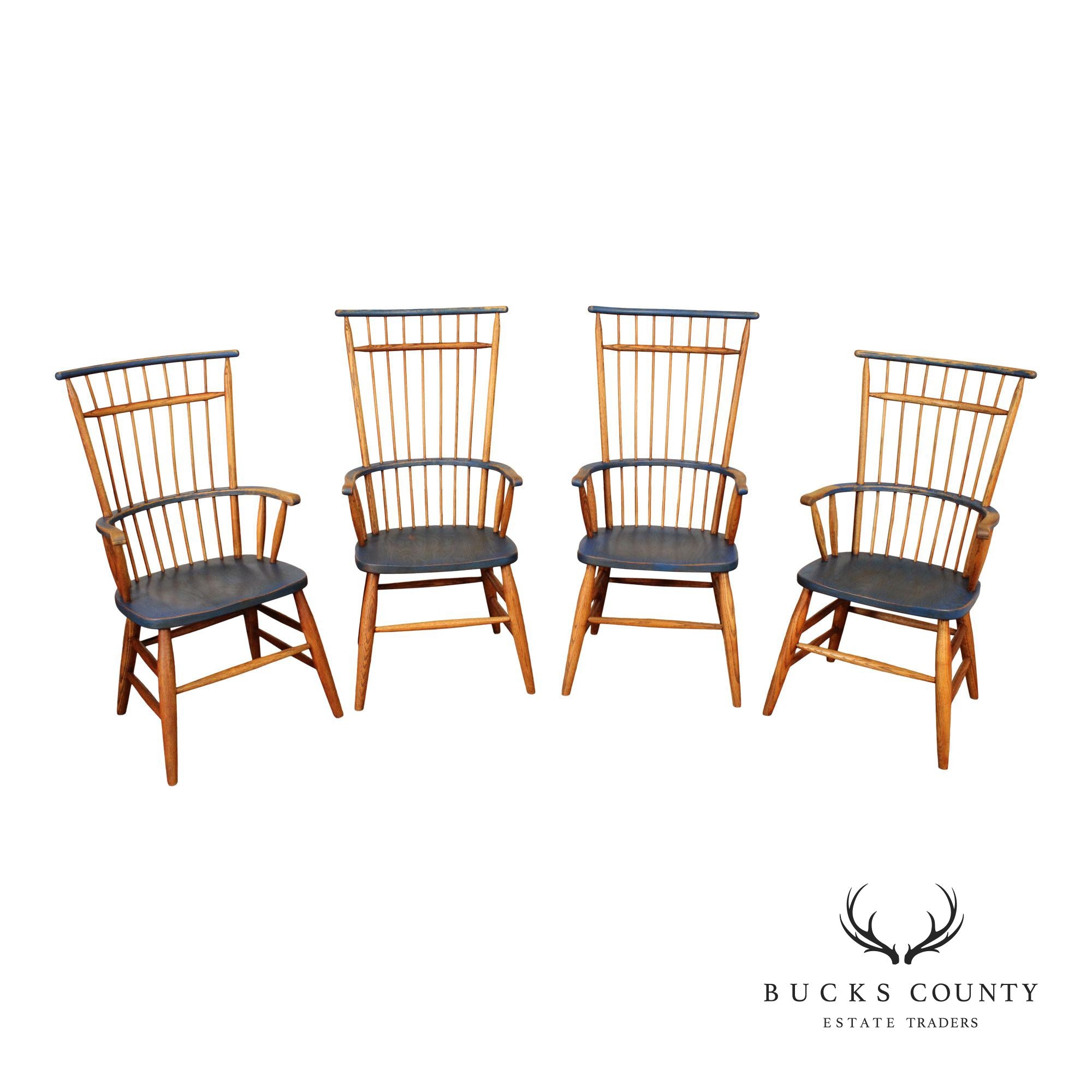 Early American Style Set of Four Oak Painted Windsor Armchairs