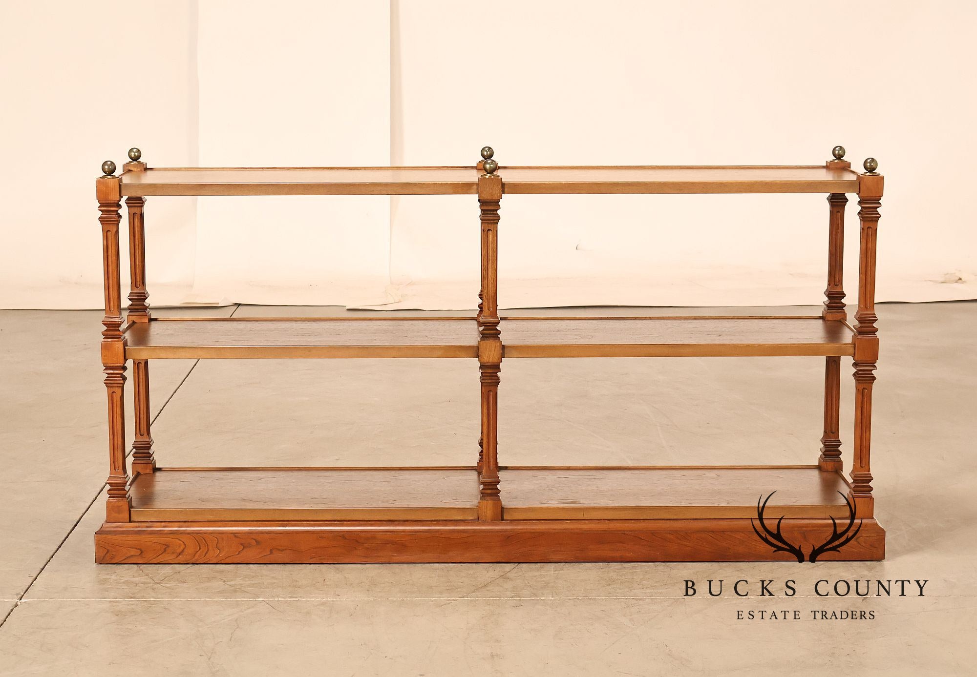Brandt Furniture Regency Style Walnut Three-Tier Open Etagere Bookcase With Brass Ball Finials