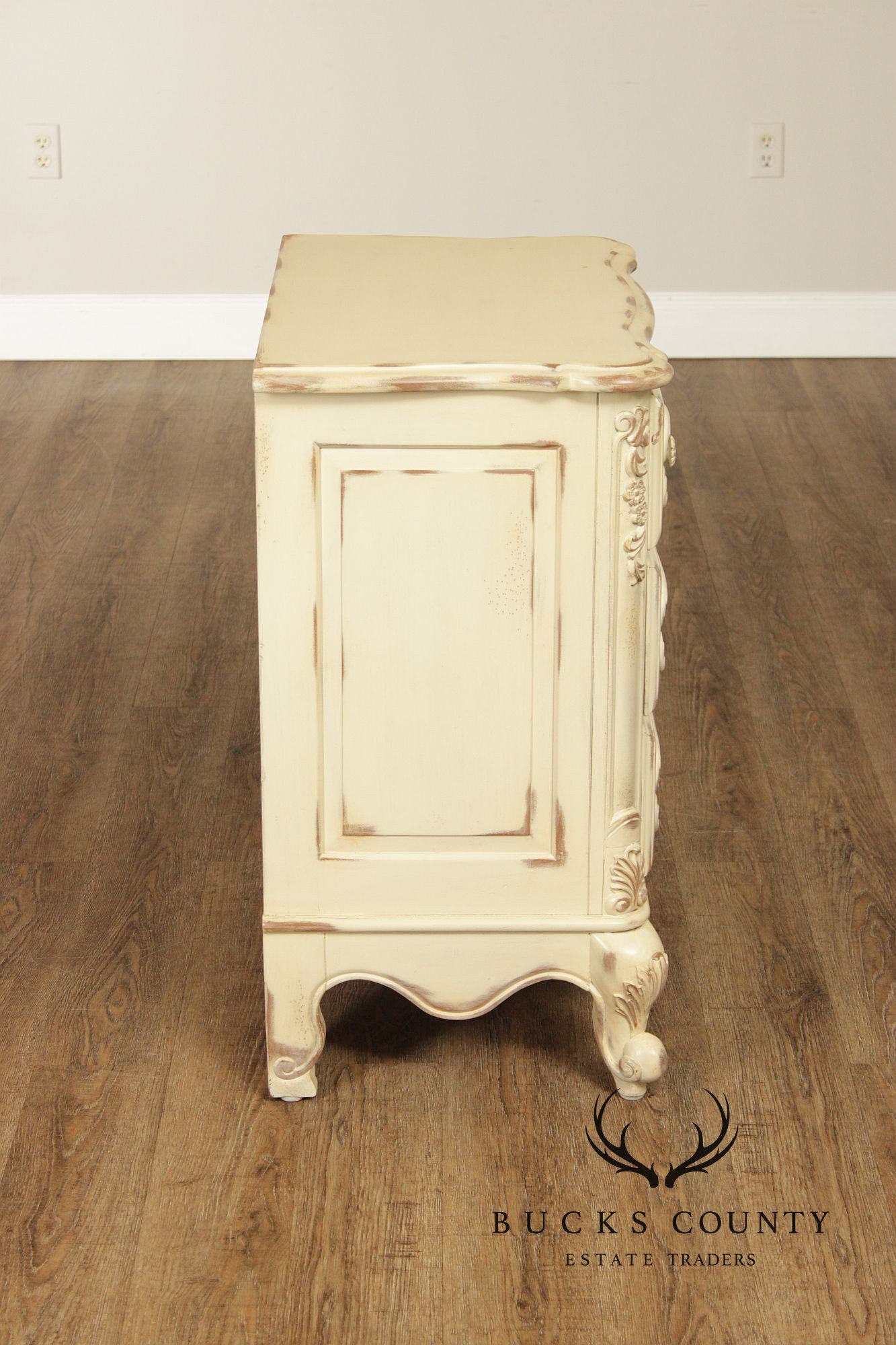 Lane French Provincial Style Pair of Distressed Cream Painted Nightstands