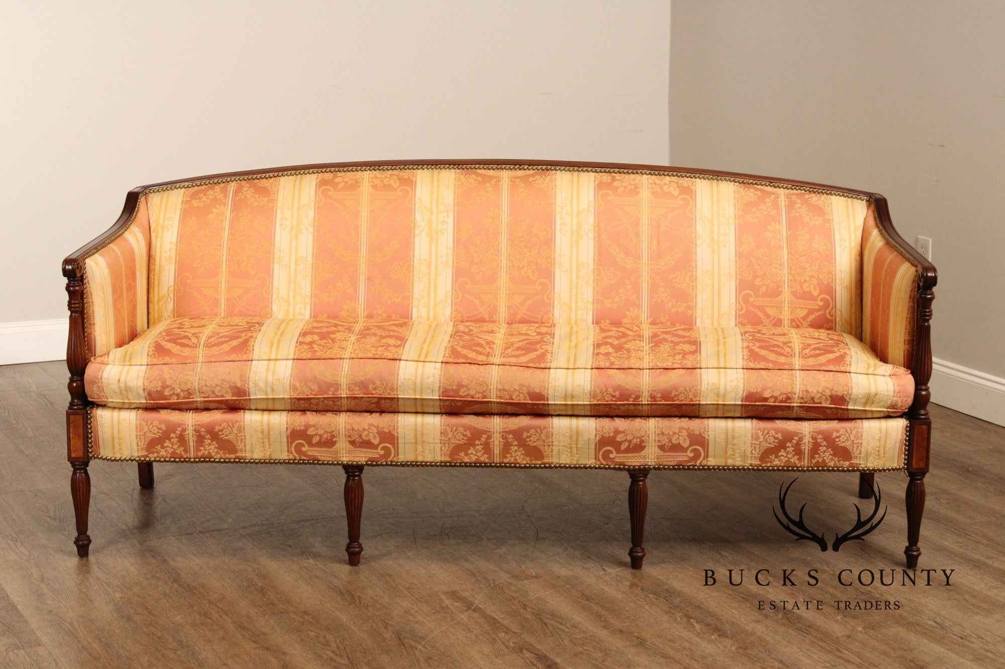 Sheraton Style Carved Mahogany and Down Sofa