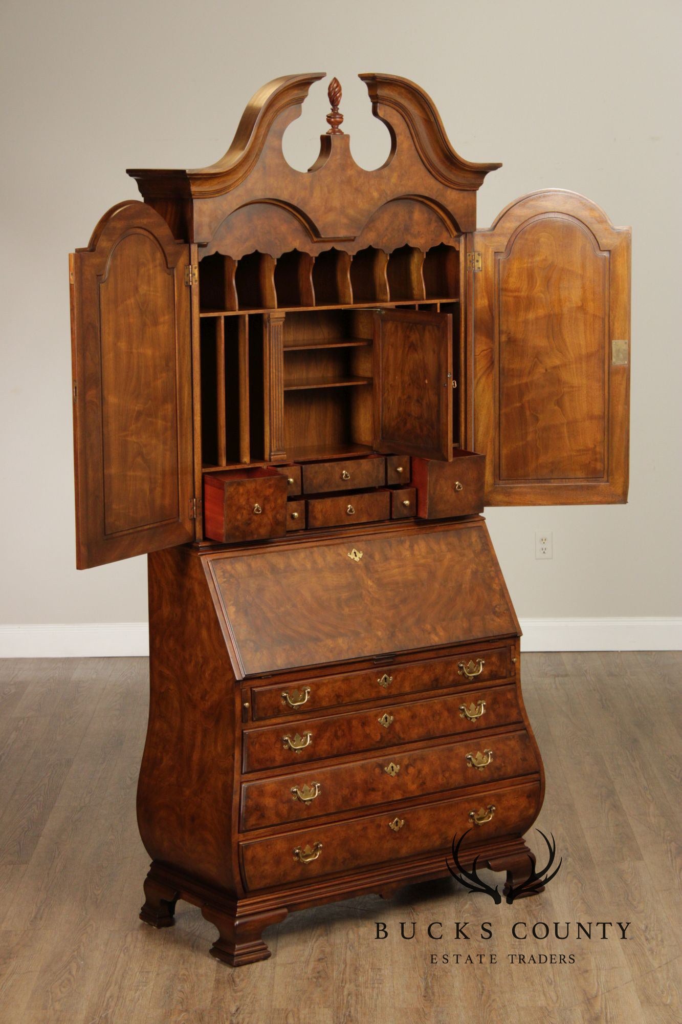 Chippendale Style Burled Walnut Bombe Secretary Desk Bookcase By Heritage Heirloom