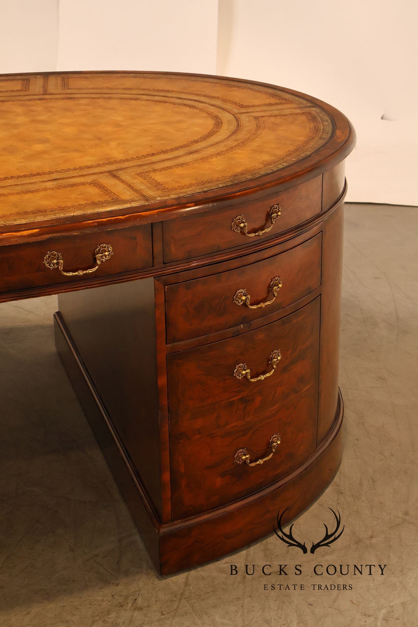 Maitland-Smith Oval Burl Wood Leather Top Partner Desk with Brass Hardware